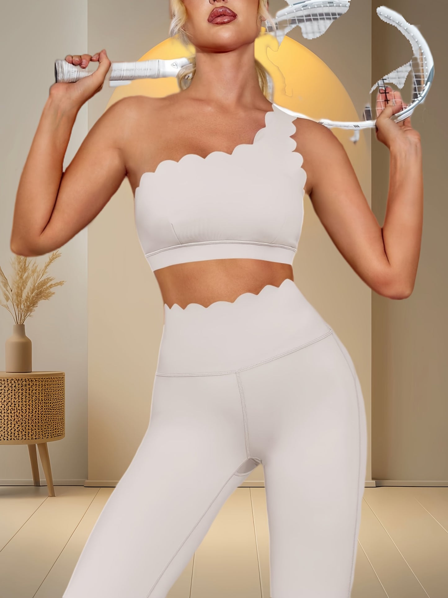 Women Two Piece High Waisted Leggings And Shoulder Bra Set