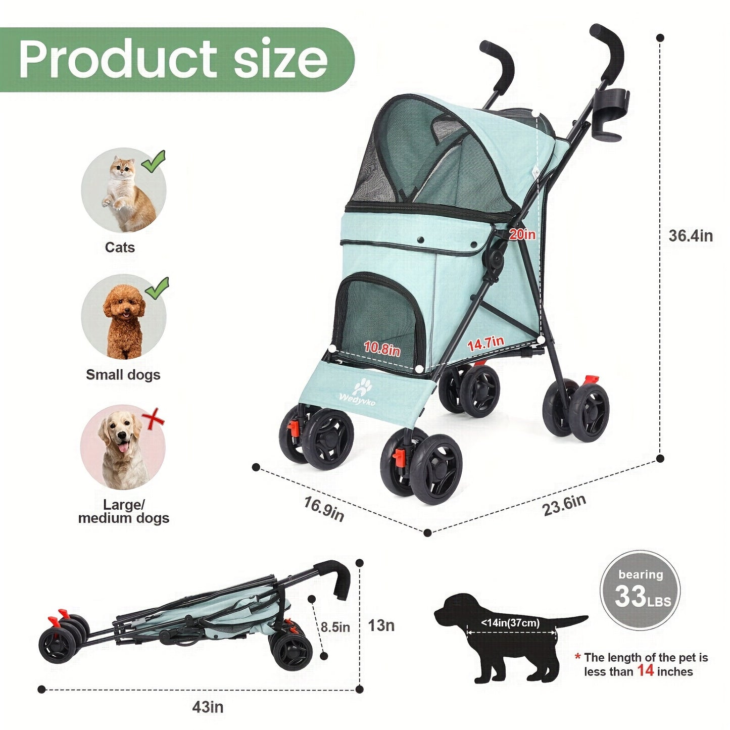 Pet Stroller Folding Cart for Dogs and Cats on the Go