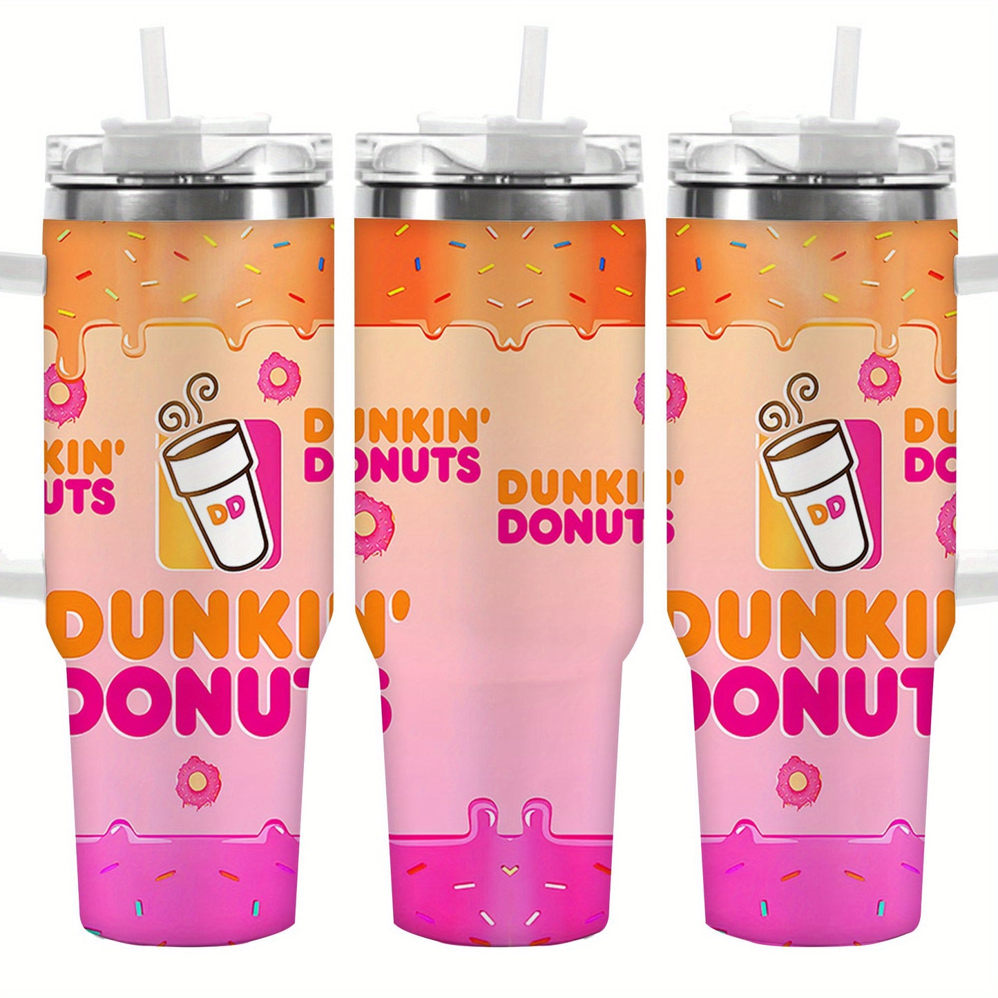 1pc 40oz Dunkin' Donuts Vibrant Pattern Tumbler, Double Wall Vacuum Insulated Travel Mug, Spill Proof Lid, Gift for Dad, Mom, Ideal for Christmas, Mother'S Day, Birthday Gift, Coffee Cup