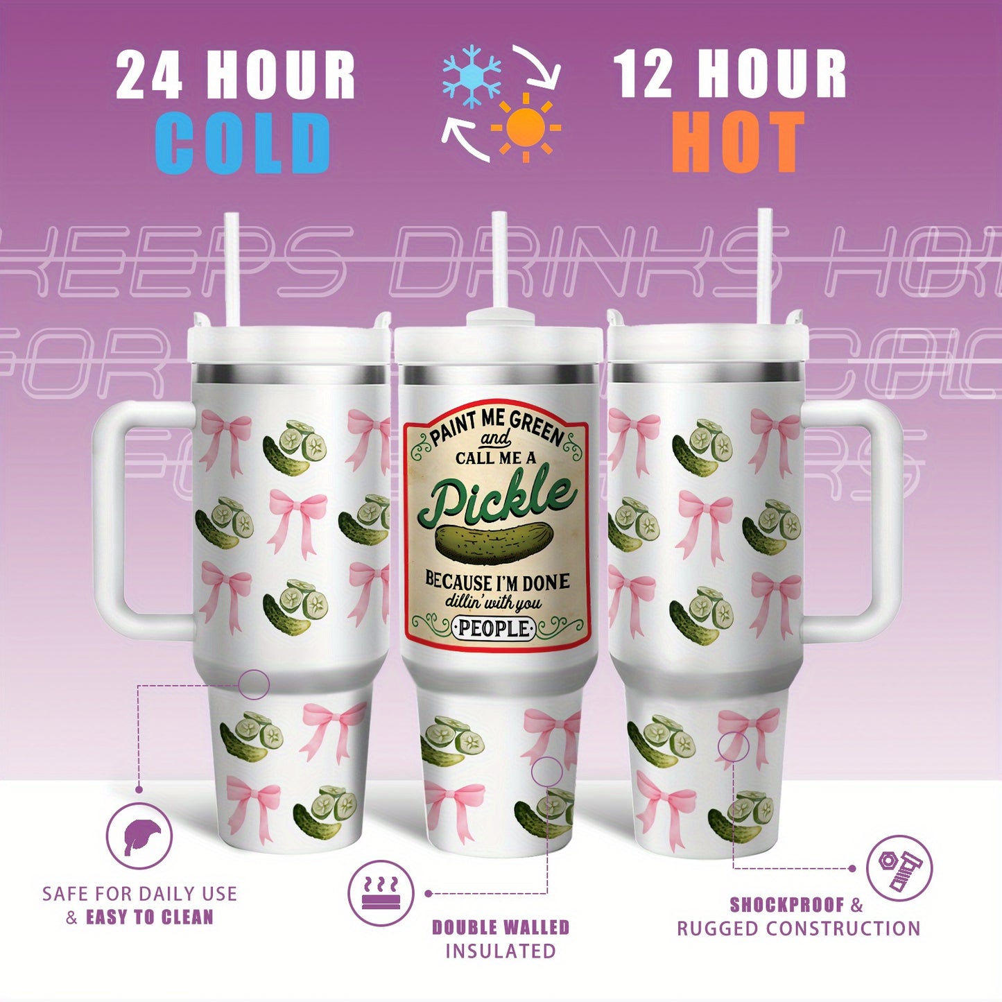 1pc 40oz Humorous Pickle-Themed Stainless Steel Tumbler with "Paint Me Green & Call Me A Pickle" Quote, Vacuum Insulated Cup Keeps Drinks Hot 12H/Cold 24H, Spill-Proof Lid & Straw, Cute Pickle Design with Pink Bows & Dill Pic