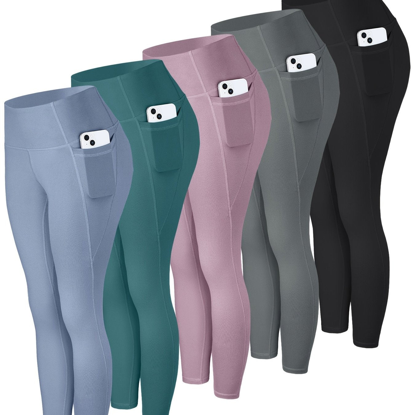 High-Waisted Leggings with Pockets for Women - 5 Pack