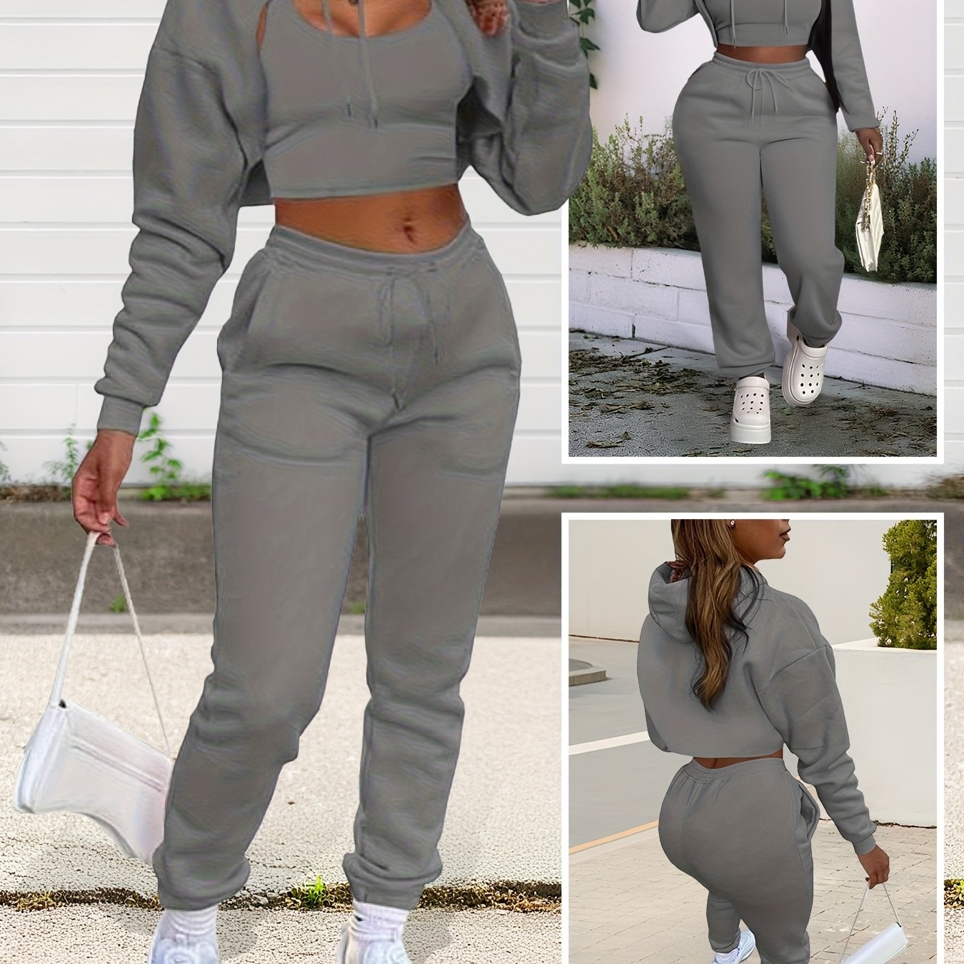 Womens Sexy 3 Piece Tracksuit Set Hoodie Tank Joggers