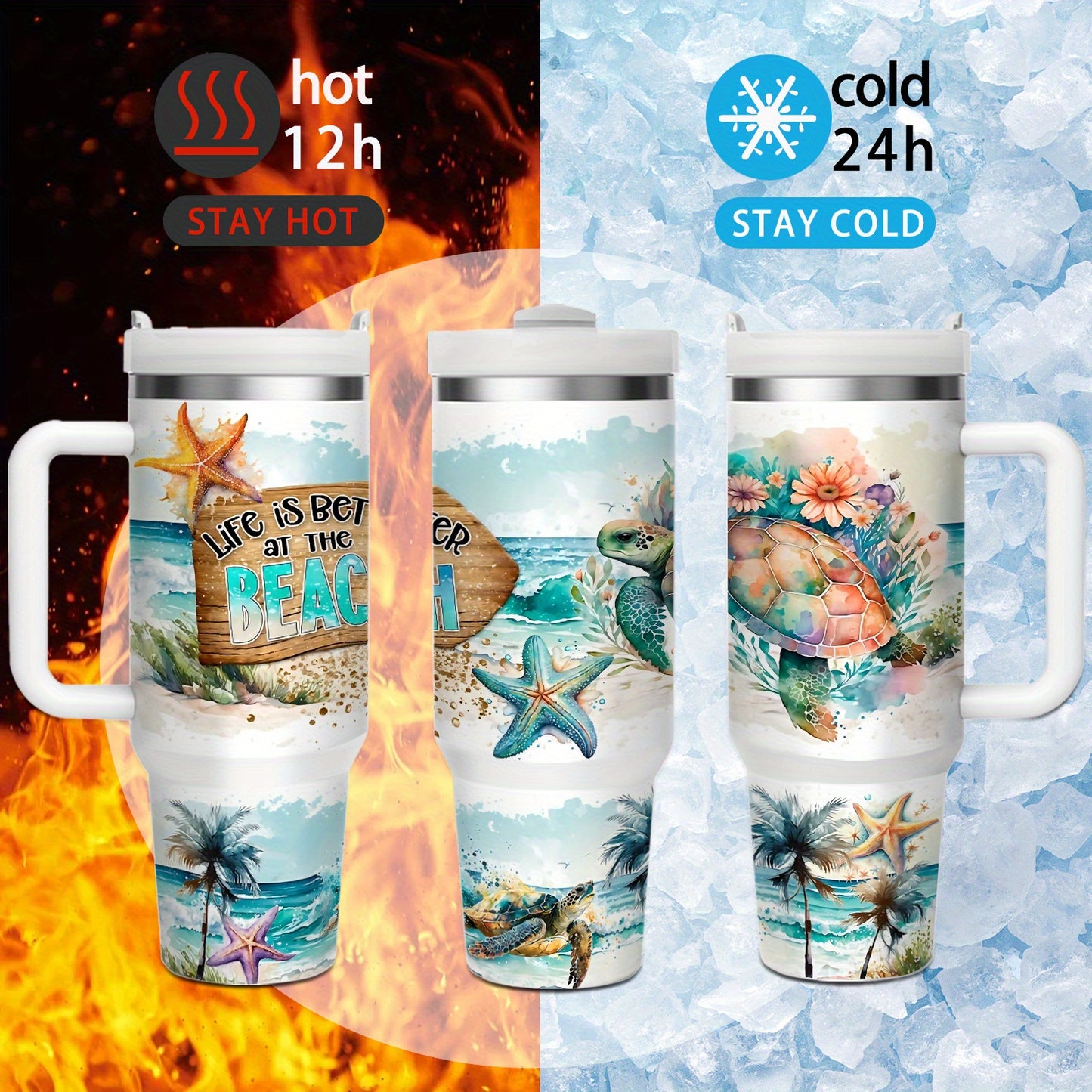 1pc 40oz/16oz Stainless Steel Tumbler with Lid And Straw, Double Wall Vacuum Insulated, Sea Turtle And Starfish Design, Keeps Drinks Hot 12H/Cold 24H, Ideal for Home, Office, Perfect for Christmas, Thanksgiving, Valentine's D