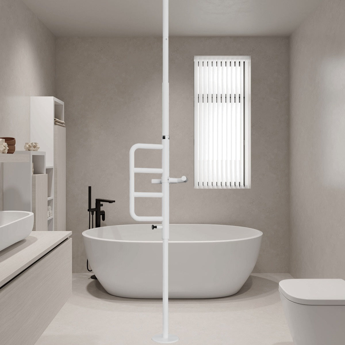 Floor-to-Ceiling Tension Pole with Curved Grab Bar for Safety