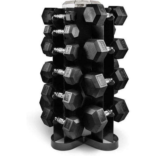 Rubber Coated Hex Dumbbell Set with Vertical Rack