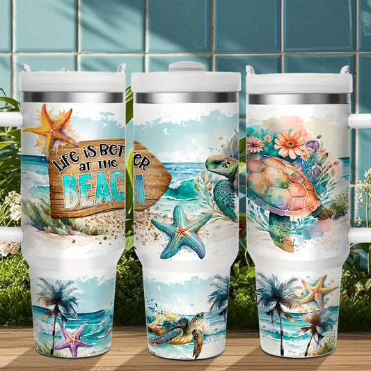 1pc 40oz/16oz Stainless Steel Tumbler with Lid And Straw, Double Wall Vacuum Insulated, Sea Turtle And Starfish Design, Keeps Drinks Hot 12H/Cold 24H, Ideal for Home, Office, Perfect for Christmas, Thanksgiving, Valentine's D