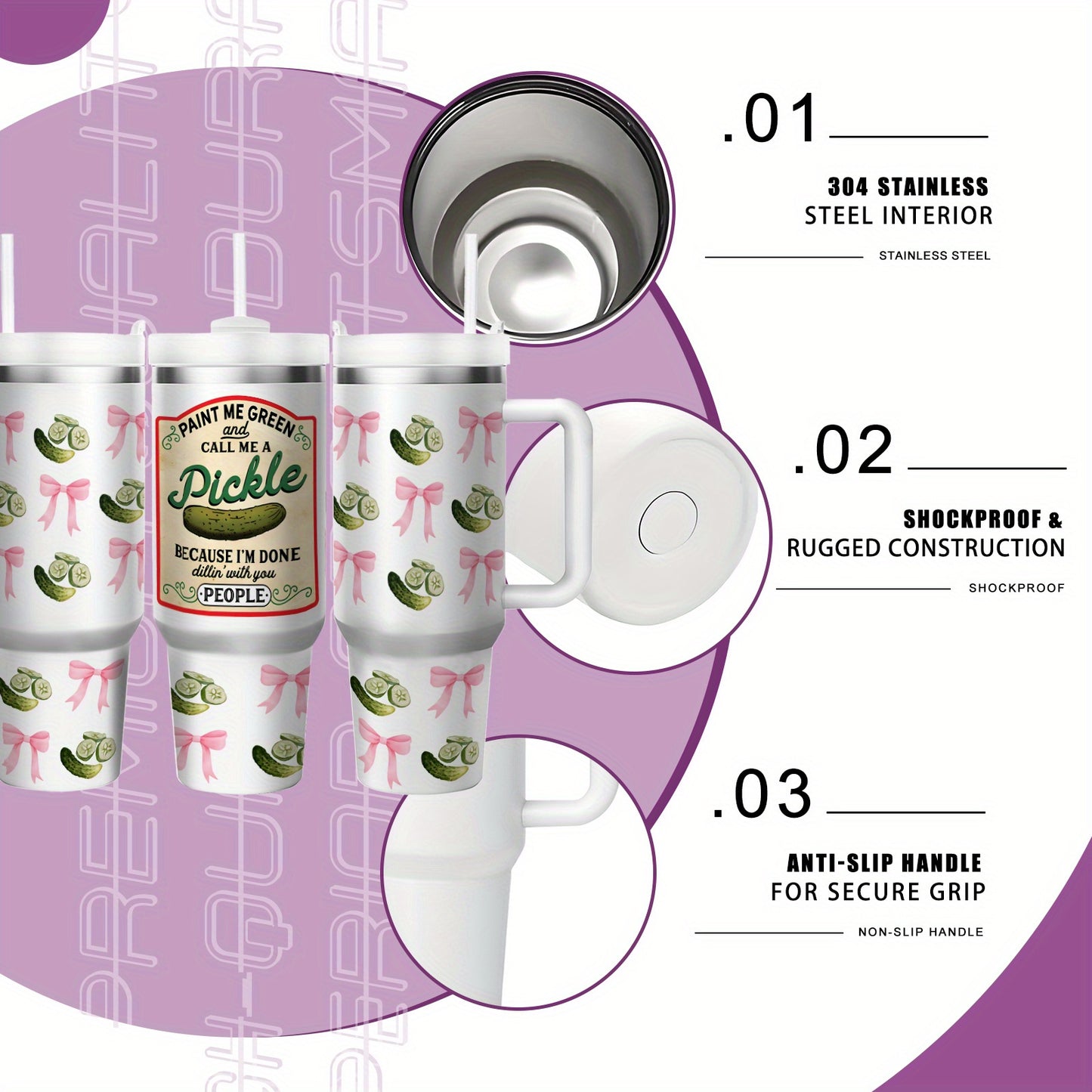 1pc 40oz Humorous Pickle-Themed Stainless Steel Tumbler with "Paint Me Green & Call Me A Pickle" Quote, Vacuum Insulated Cup Keeps Drinks Hot 12H/Cold 24H, Spill-Proof Lid & Straw, Cute Pickle Design with Pink Bows & Dill Pic