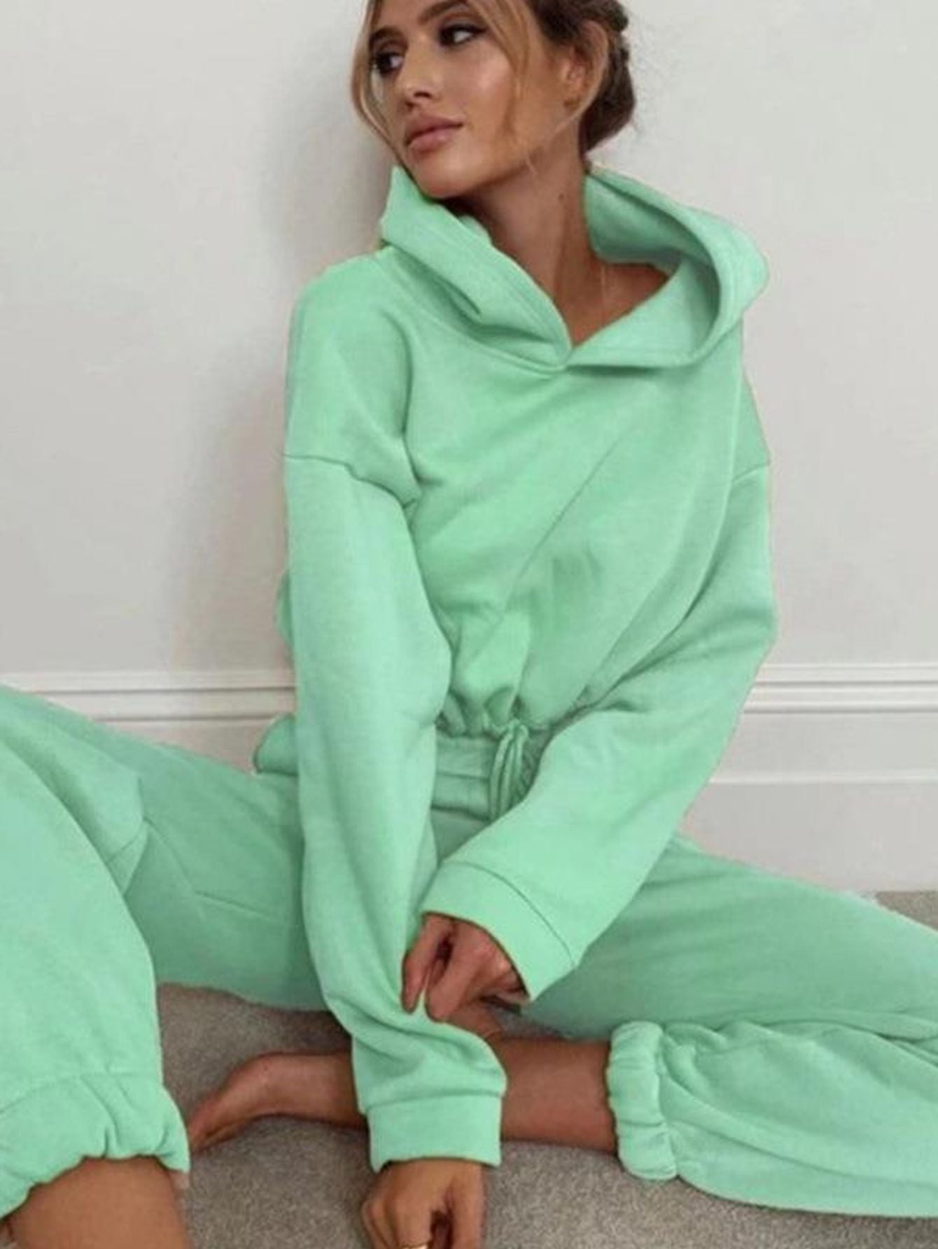 Hooded Long Sleeve Casual Sportswear Set With Drawstring