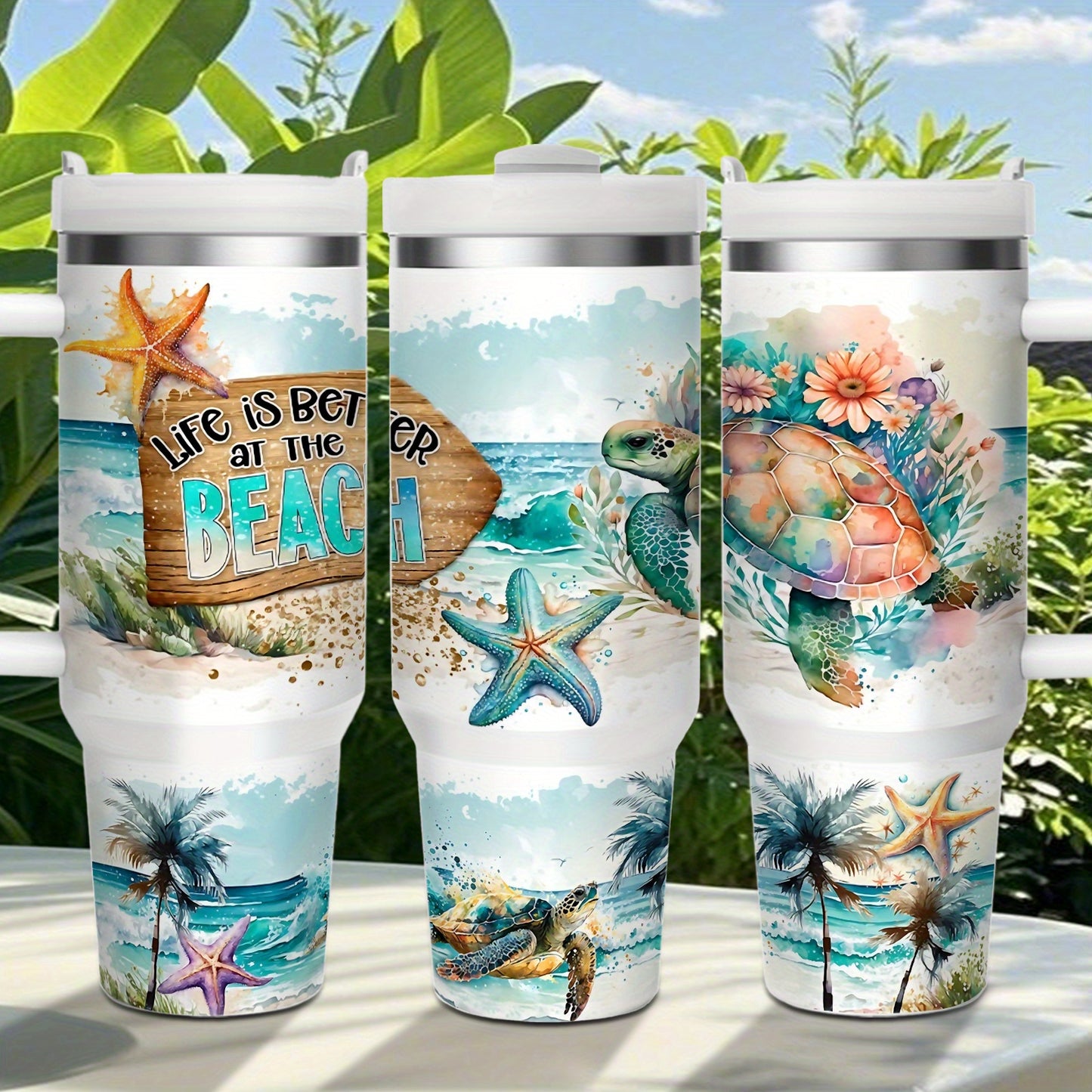 1pc 40oz/16oz Stainless Steel Tumbler with Lid And Straw, Double Wall Vacuum Insulated, Sea Turtle And Starfish Design, Keeps Drinks Hot 12H/Cold 24H, Ideal for Home, Office, Perfect for Christmas, Thanksgiving, Valentine's D