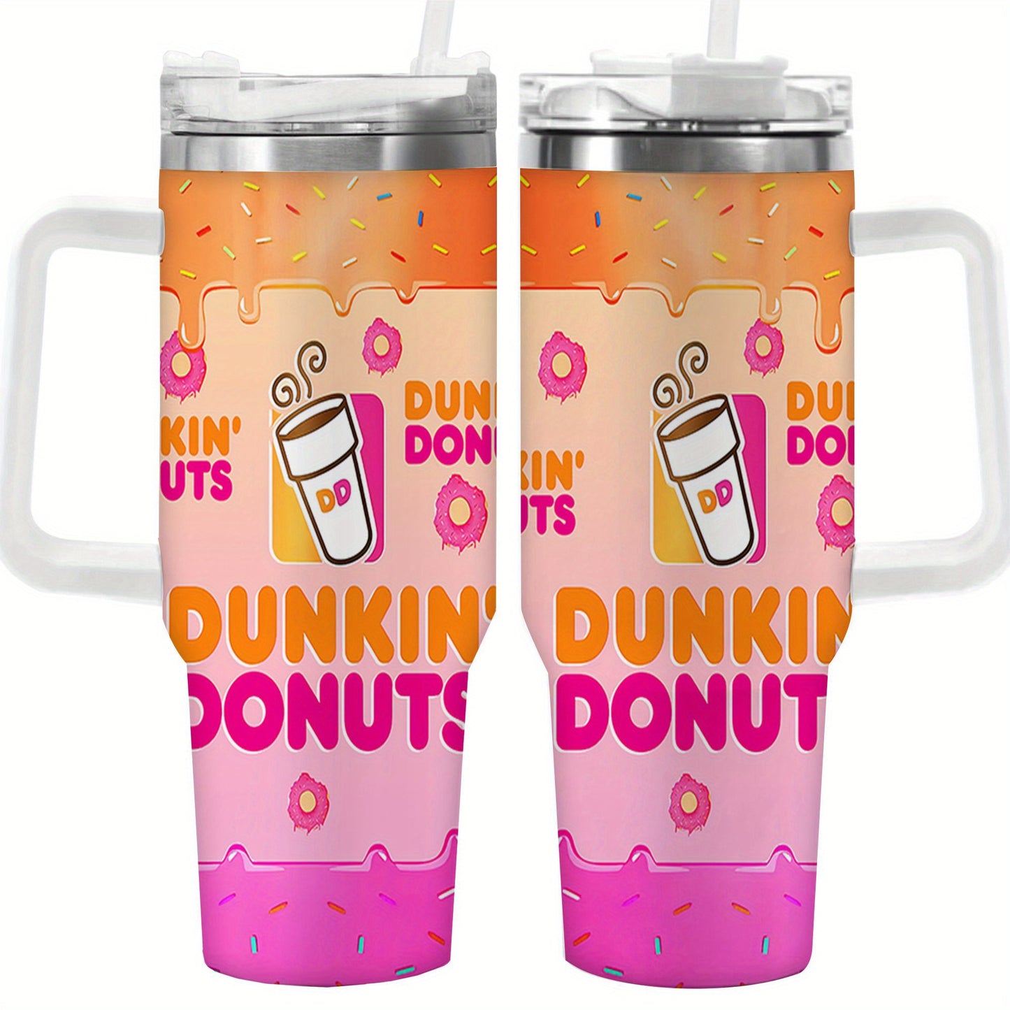 1pc 40oz Dunkin' Donuts Vibrant Pattern Tumbler, Double Wall Vacuum Insulated Travel Mug, Spill Proof Lid, Gift for Dad, Mom, Ideal for Christmas, Mother'S Day, Birthday Gift, Coffee Cup