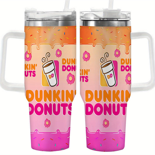 1pc 40oz Dunkin' Donuts Vibrant Pattern Tumbler, Double Wall Vacuum Insulated Travel Mug, Spill Proof Lid, Gift for Dad, Mom, Ideal for Christmas, Mother'S Day, Birthday Gift, Coffee Cup
