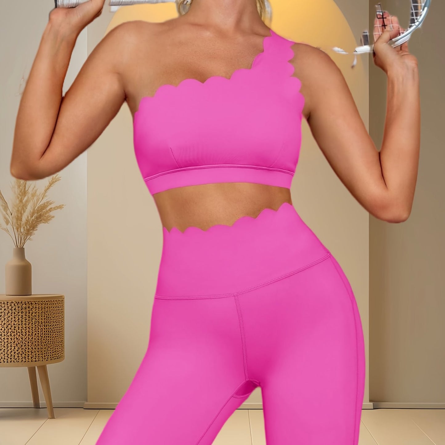 Women Two Piece High Waisted Leggings And Shoulder Bra Set