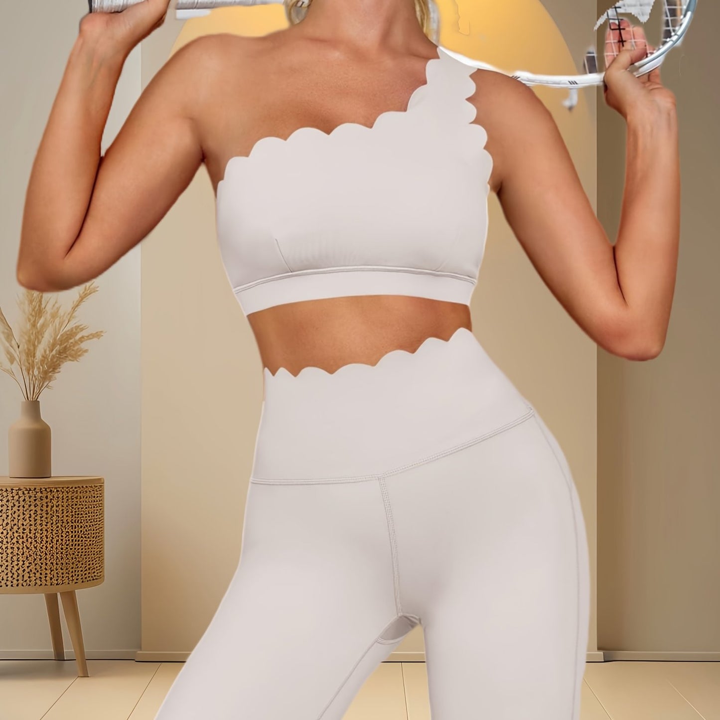 Women Two Piece High Waisted Leggings And Shoulder Bra Set
