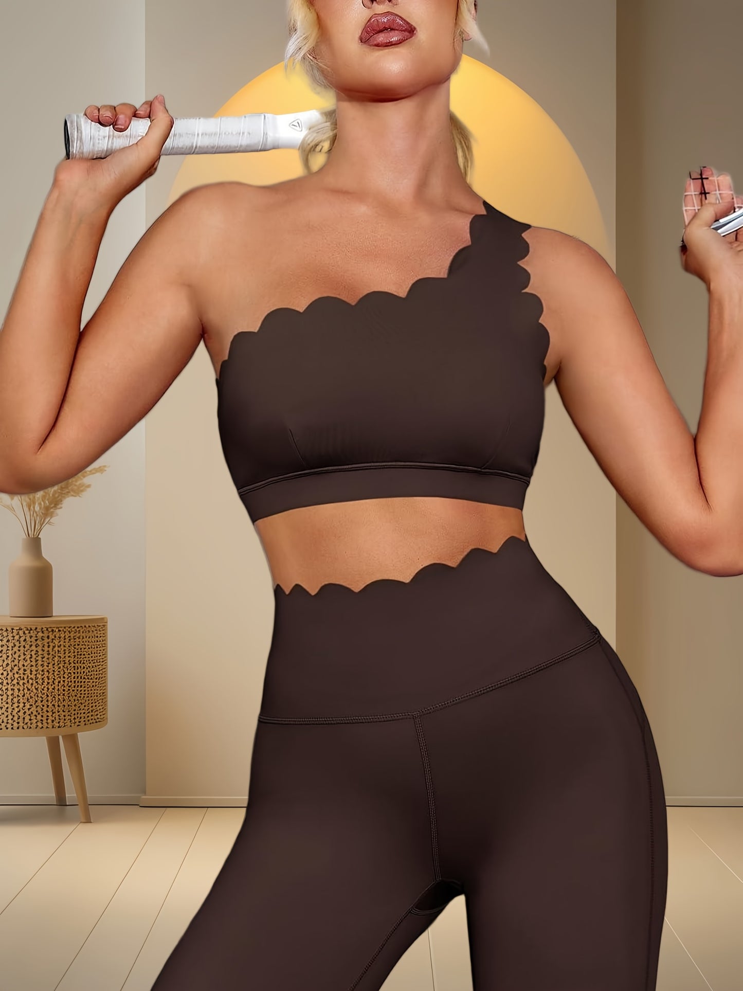 Women Two Piece High Waisted Leggings And Shoulder Bra Set