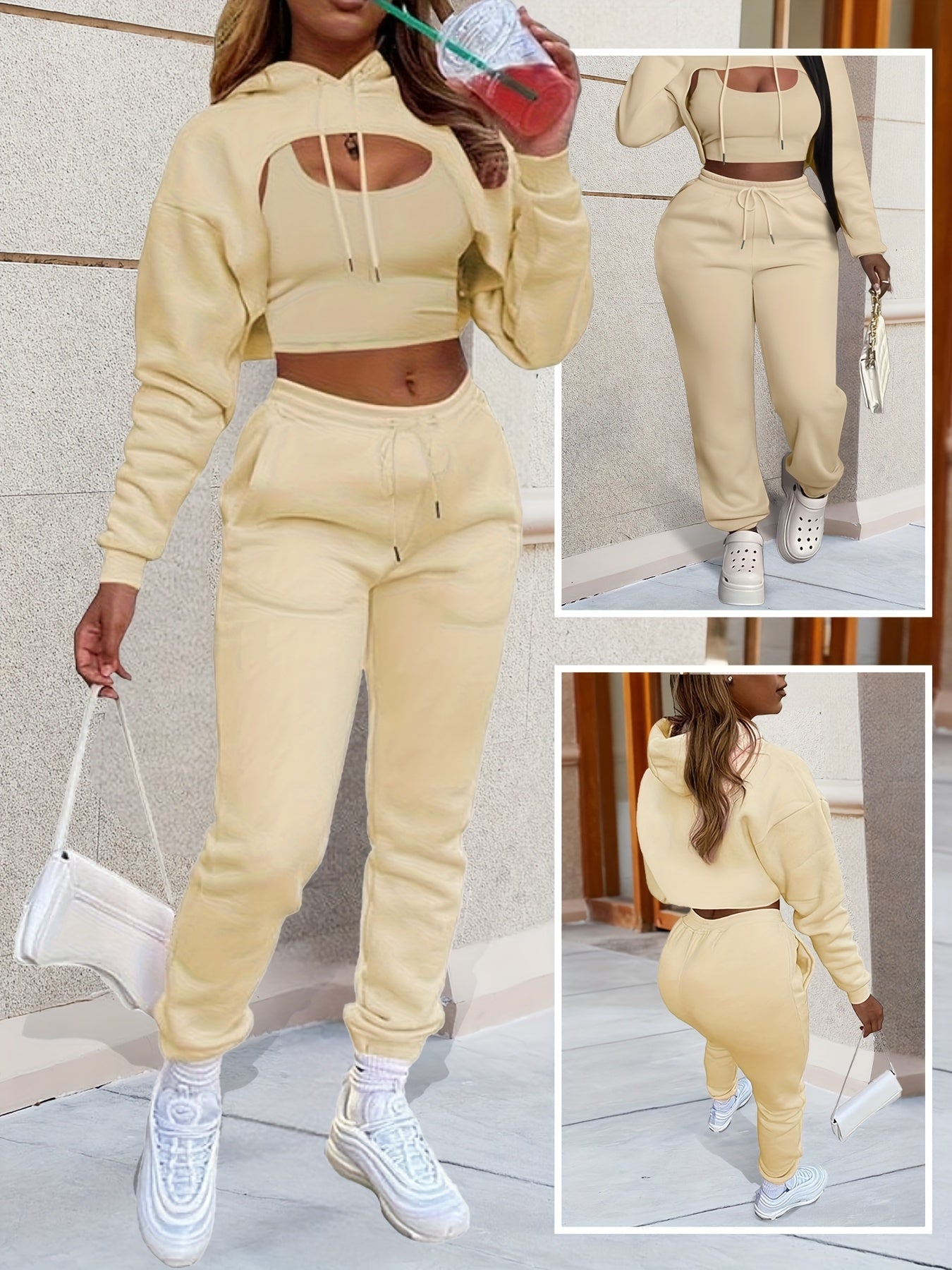 Womens Sexy 3 Piece Tracksuit Set Hoodie Tank Joggers