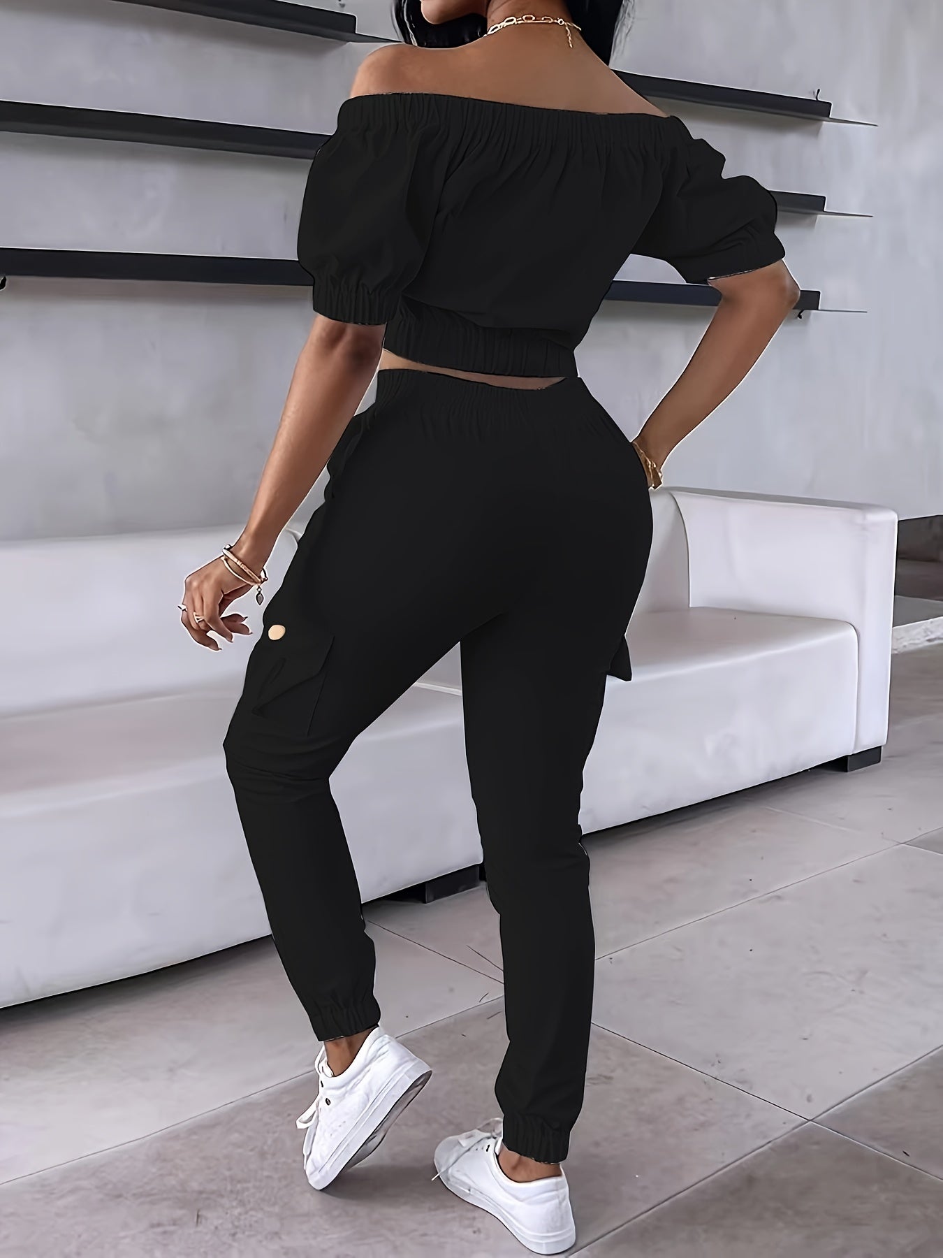 European Style Off Shoulder Top And Workwear Leggings Set