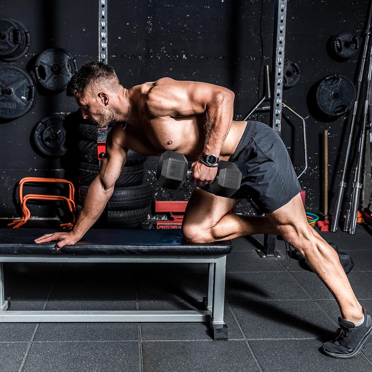 Rubber Coated Hex Dumbbell Set with Vertical Rack