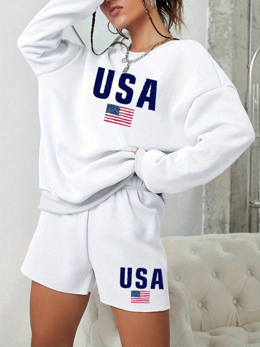 Womens Monogrammed American Flag Sweatshirt Shorts Set USA