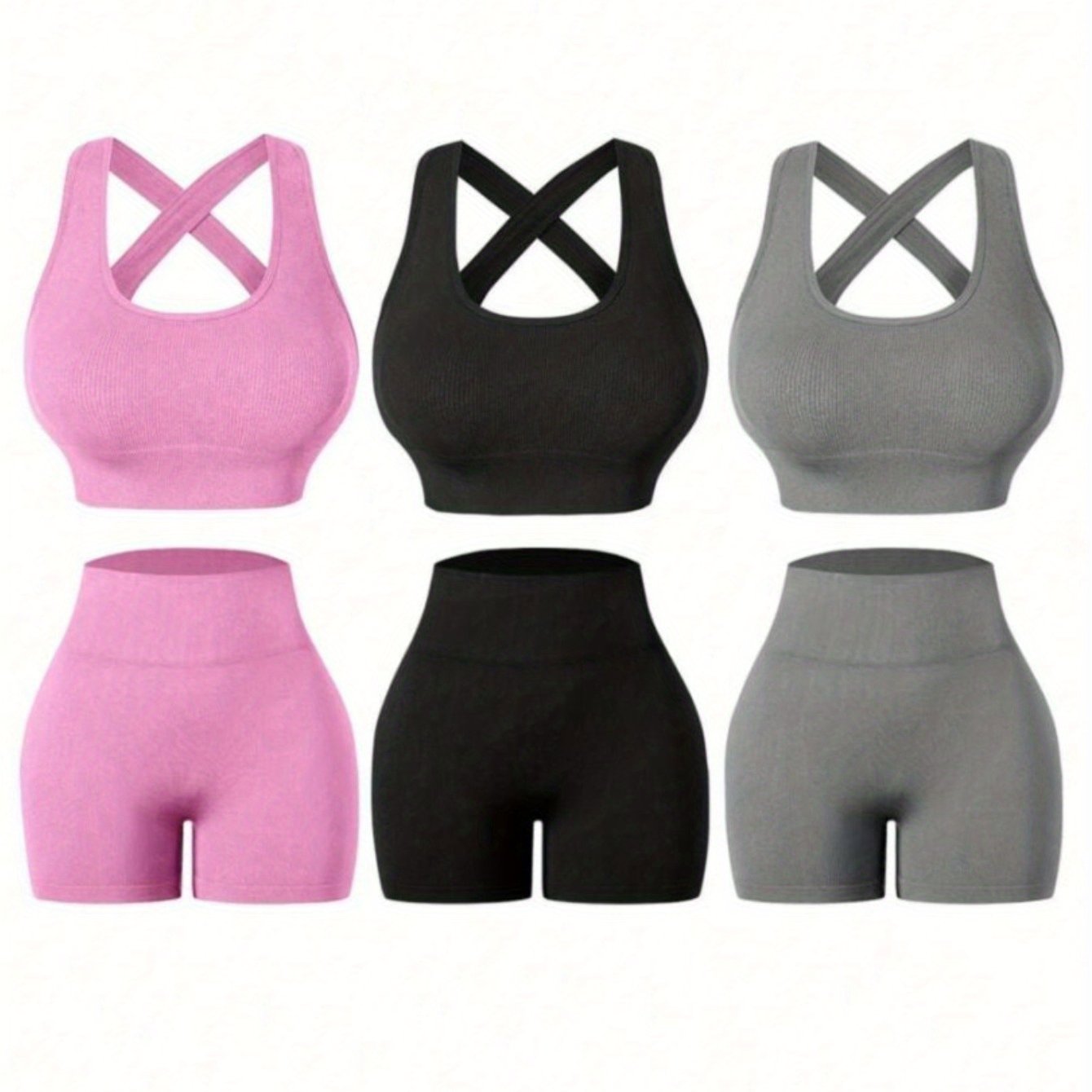 Three Piece Womens Fitness Set With Backless Bra And Shorts