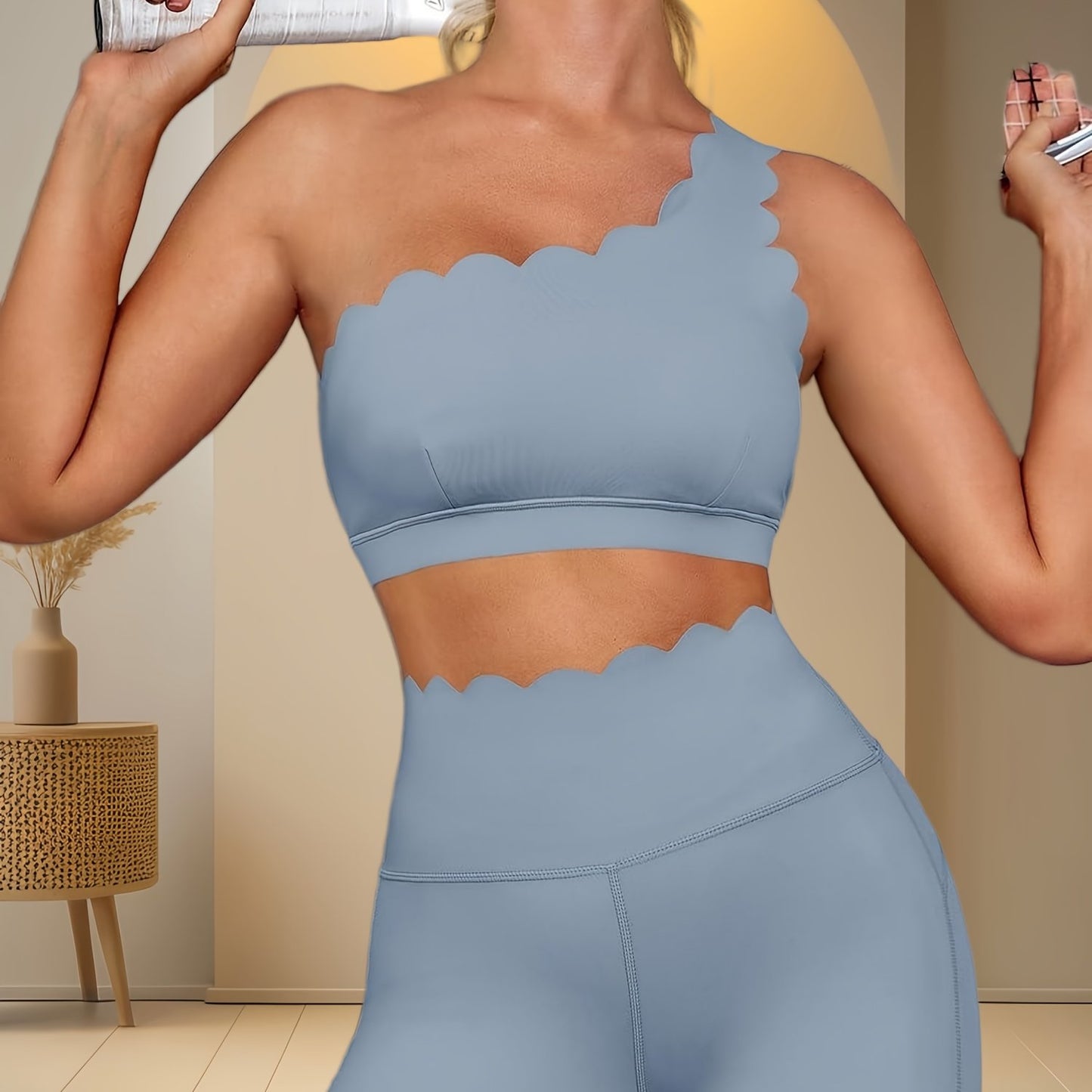 Women Two Piece High Waisted Leggings And Shoulder Bra Set