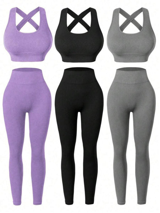 Three Piece Womens Fitness Bra And Pants Yoga Wear