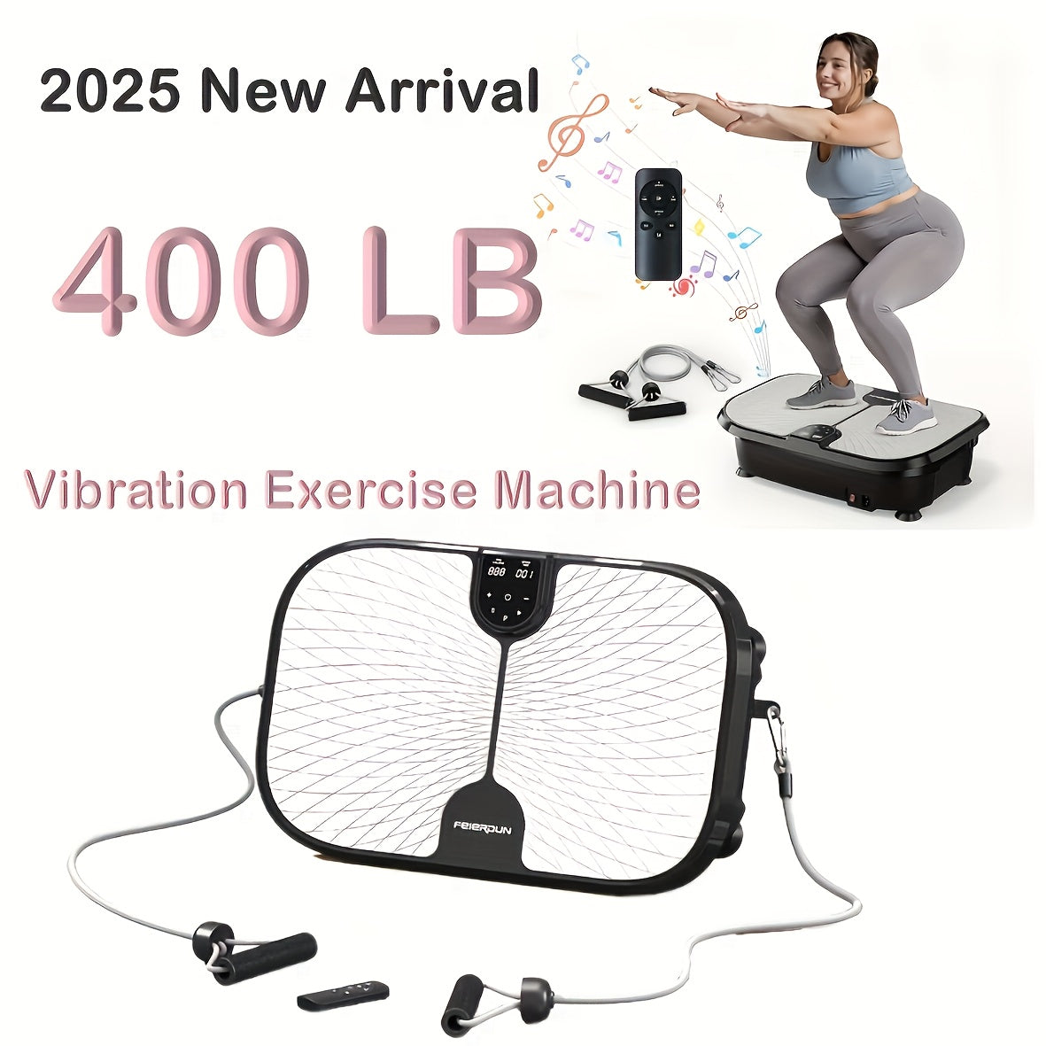 FEIERDUNSTYO Vibration Plate Exercise Machine For Lymphatic Drainage, Power Vibrate Stand Shake Board 400Lbs Capacity Whole Body Workout Waver With Fitness Resistance Bands Weight Loss Gifts For Women Men, Without Battery