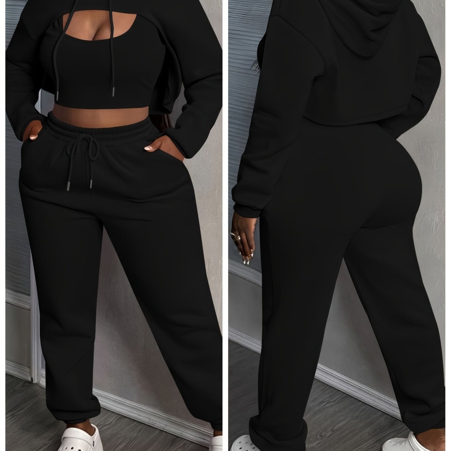 Womens Sexy 3 Piece Tracksuit Set Hoodie Tank Joggers