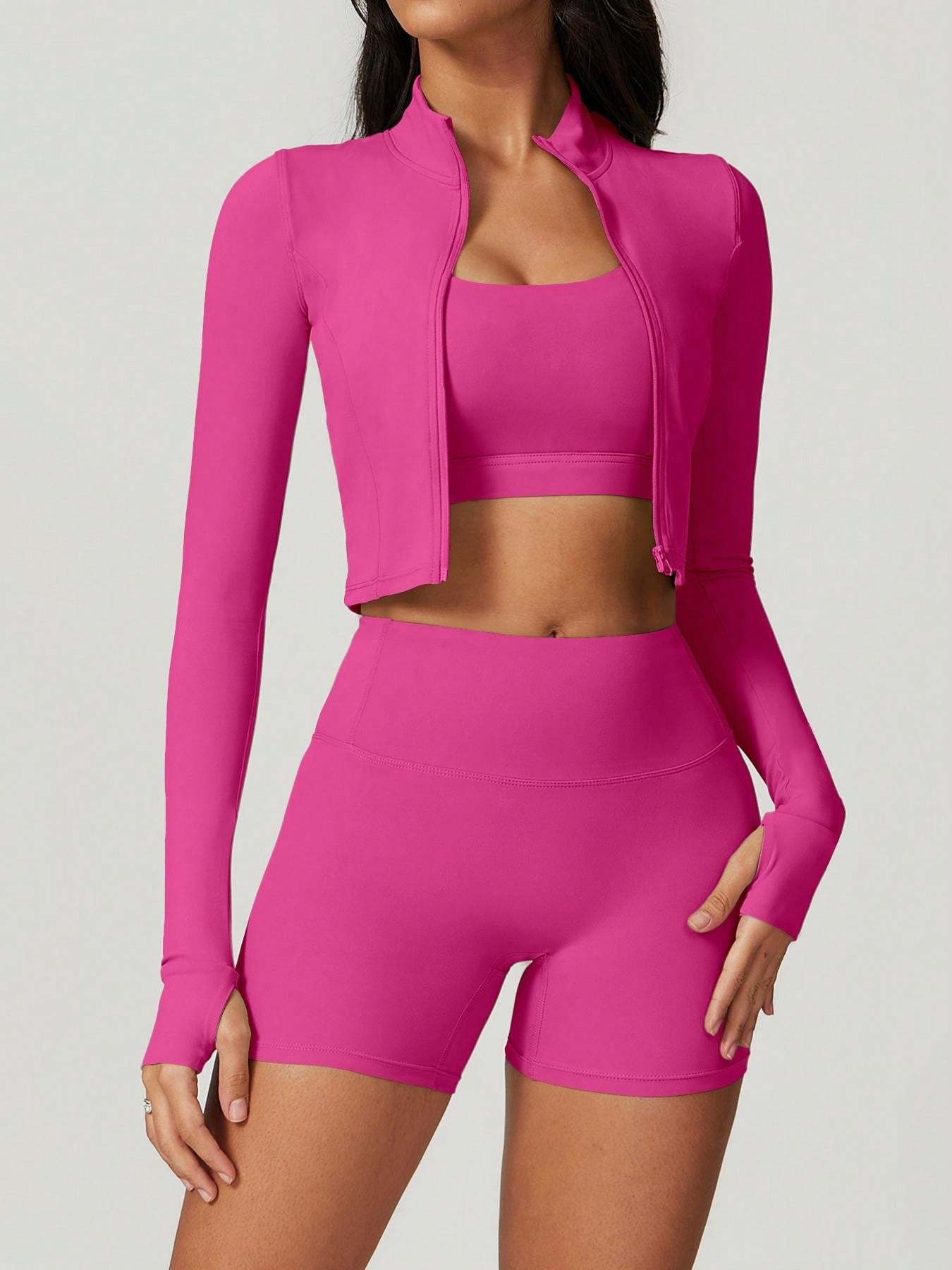 Womens Zip Up Crop Jacket And Biker Shorts Tracksuit Set