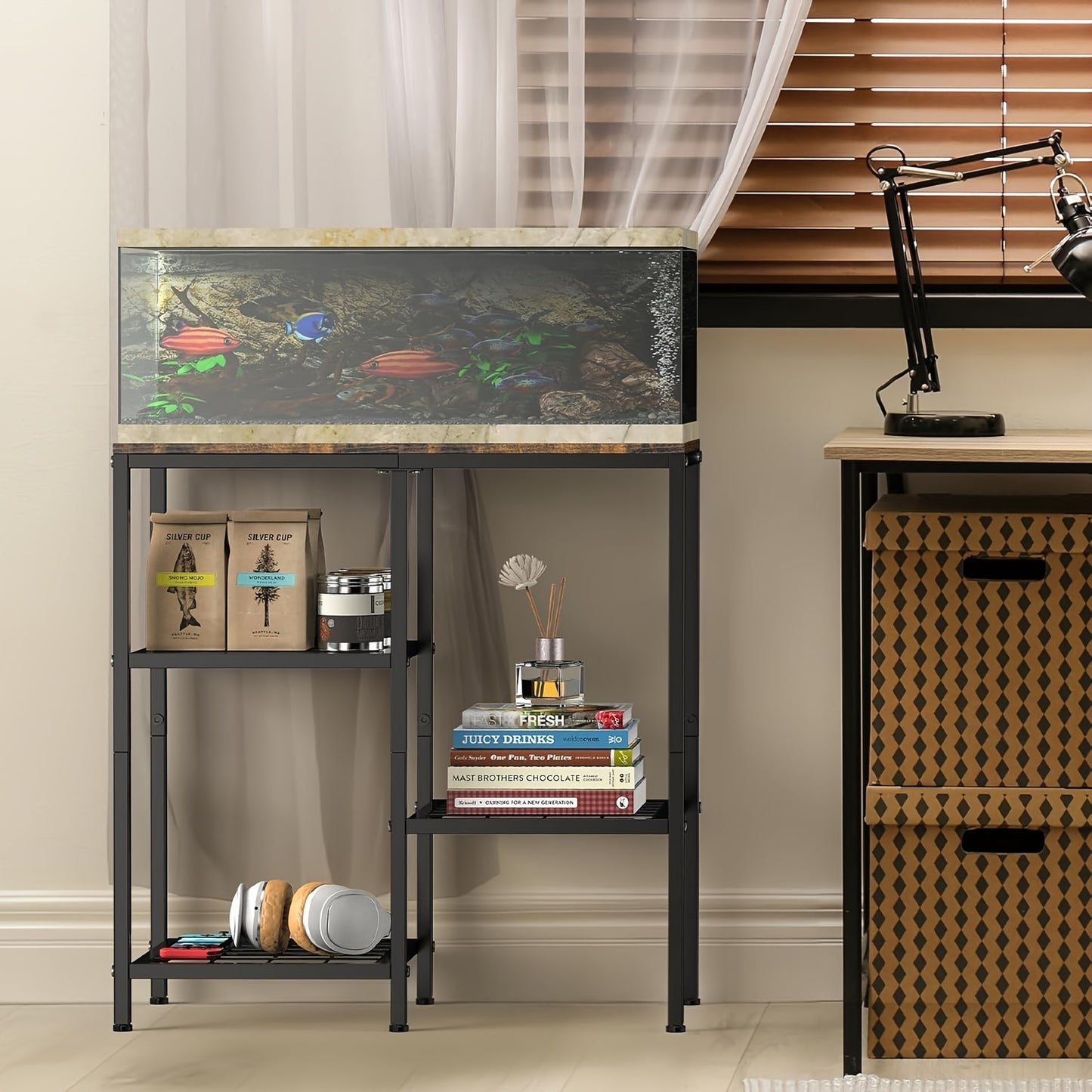 Metal Fish Tank Stand with Shelves for Aquariums and Terrariums