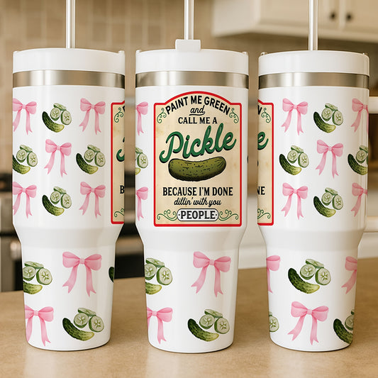 1pc 40oz Humorous Pickle-Themed Stainless Steel Tumbler with "Paint Me Green & Call Me A Pickle" Quote, Vacuum Insulated Cup Keeps Drinks Hot 12H/Cold 24H, Spill-Proof Lid & Straw, Cute Pickle Design with Pink Bows & Dill Pic