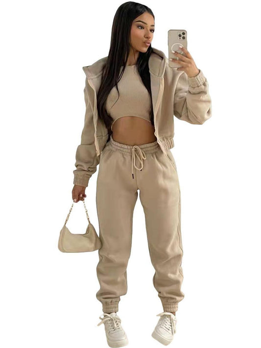 Two Piece Oversized Hooded Zipper Jacket And Wide Leg Pants