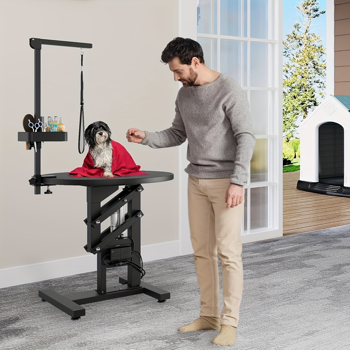 Ergonomic Dog Grooming Table with Rotating Desktop and Organizer