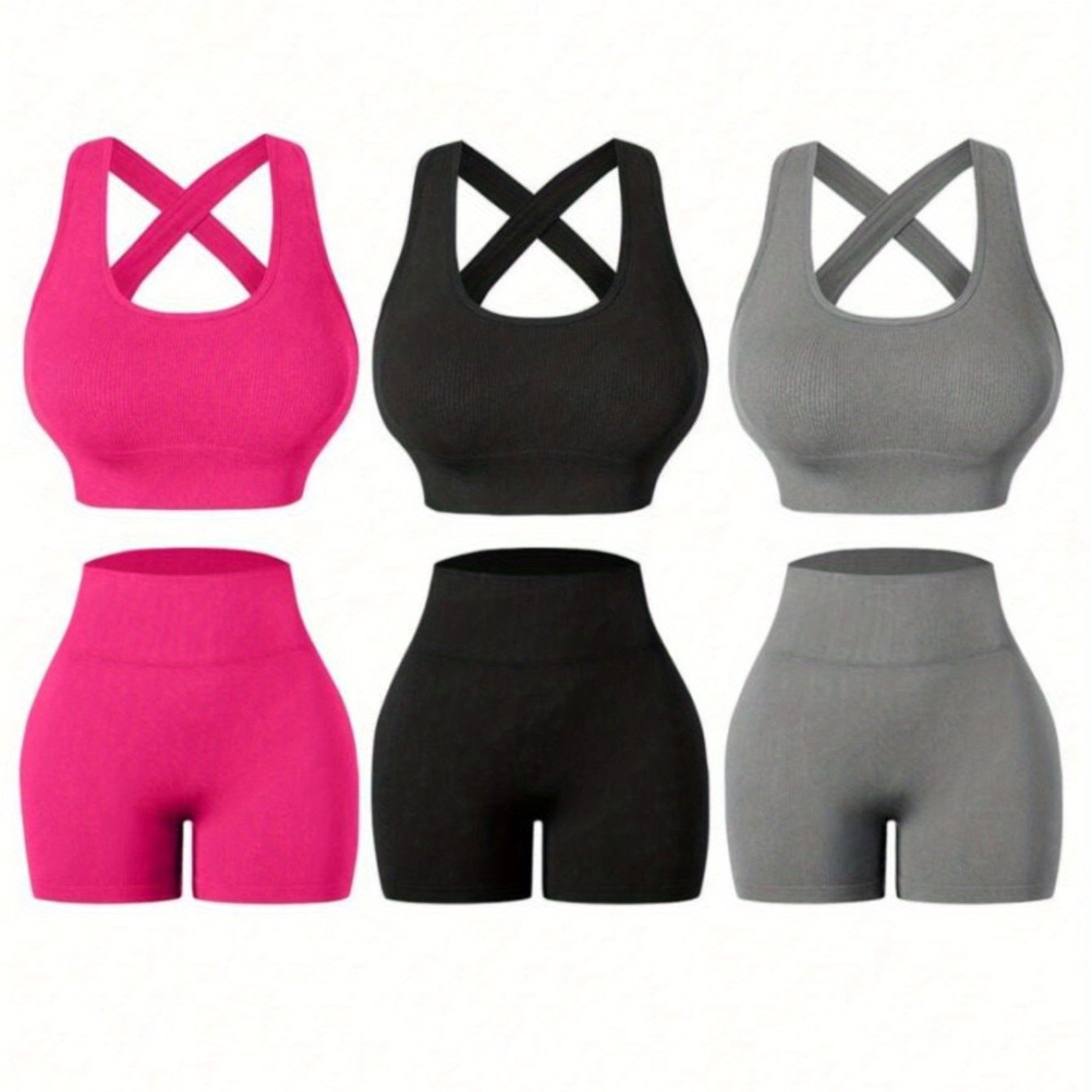 Three Piece Womens Fitness Set With Backless Bra And Shorts