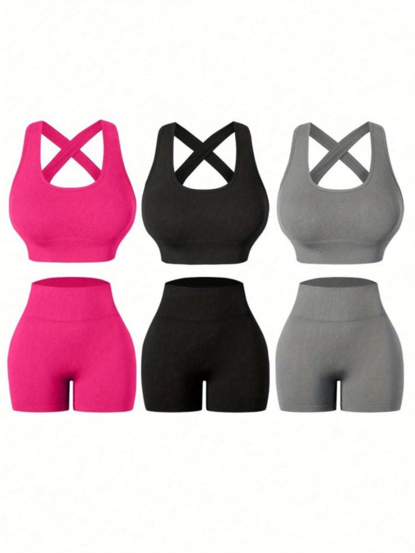 Three Piece Womens Fitness Set With Backless Bra And Shorts