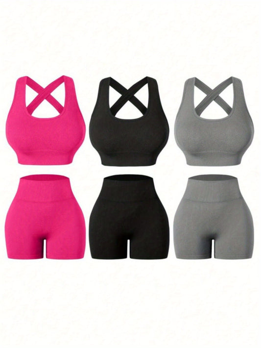 Three Piece Womens Fitness Set With Backless Bra And Shorts