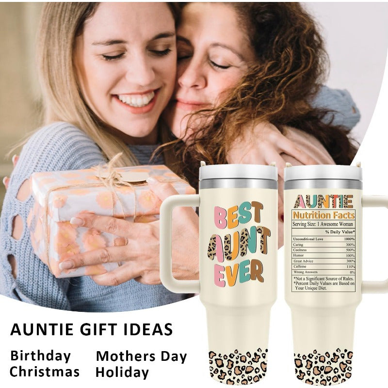 1pc 40oz Aunt Tumbler With Lid And Straw, Birthday Gifts For Aunt, Aunt Gifts For Women, Leopard Design, Gift For Aunt, Sports Water Bottle, Keep Warm, BPA-Free, Travel Mug, Perfect For Cars, Outdoor Sports, Perfect Gift For