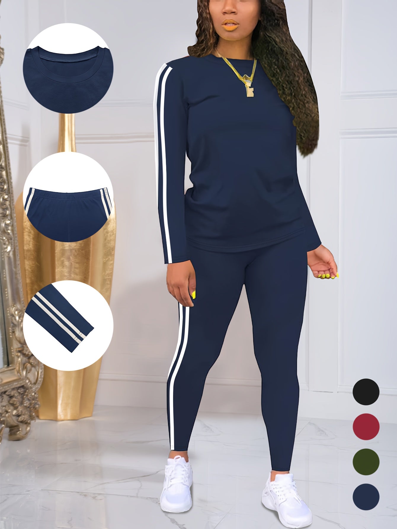 Womens Striped Side Lounge Set With Long Sleeve Pants