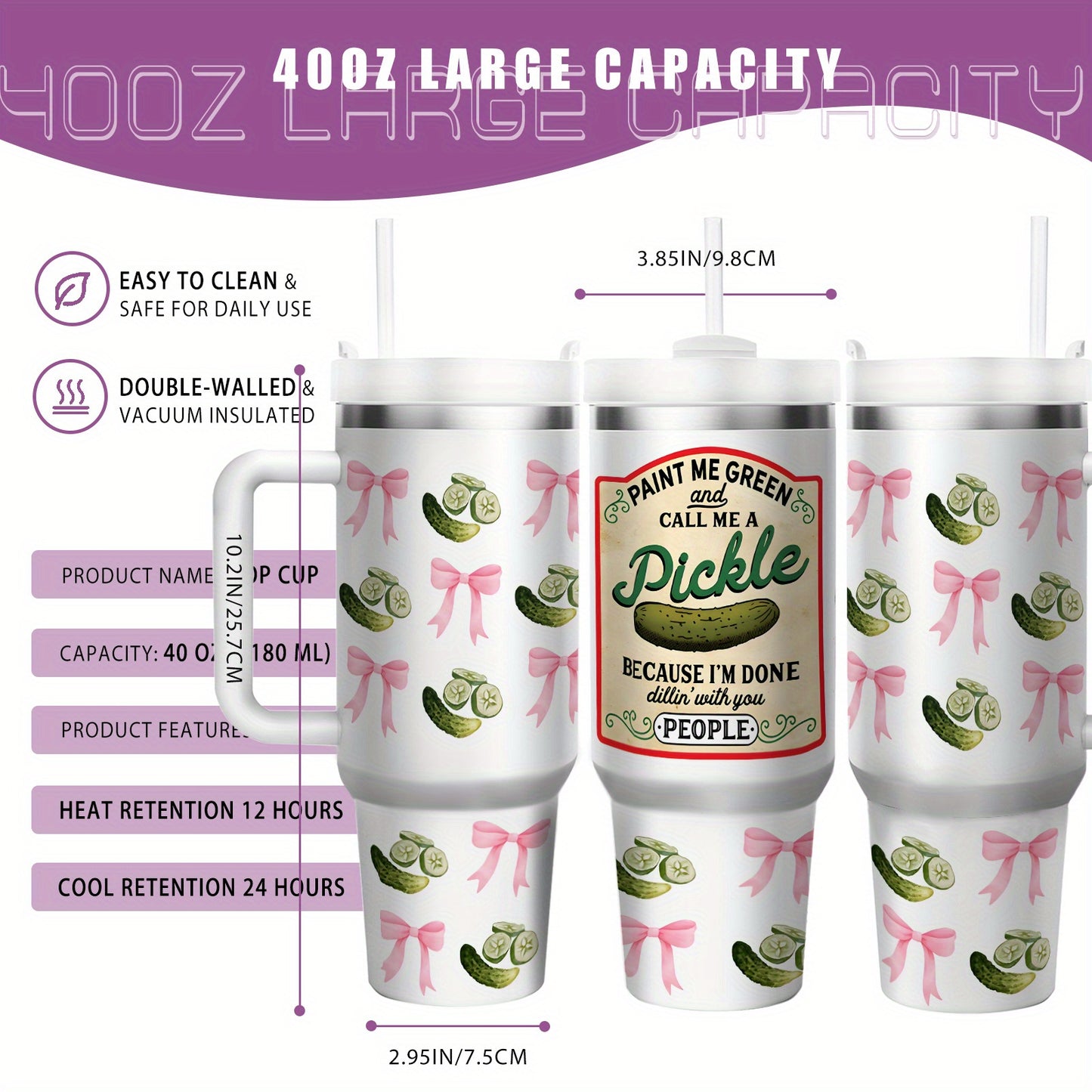 1pc 40oz Humorous Pickle-Themed Stainless Steel Tumbler with "Paint Me Green & Call Me A Pickle" Quote, Vacuum Insulated Cup Keeps Drinks Hot 12H/Cold 24H, Spill-Proof Lid & Straw, Cute Pickle Design with Pink Bows & Dill Pic