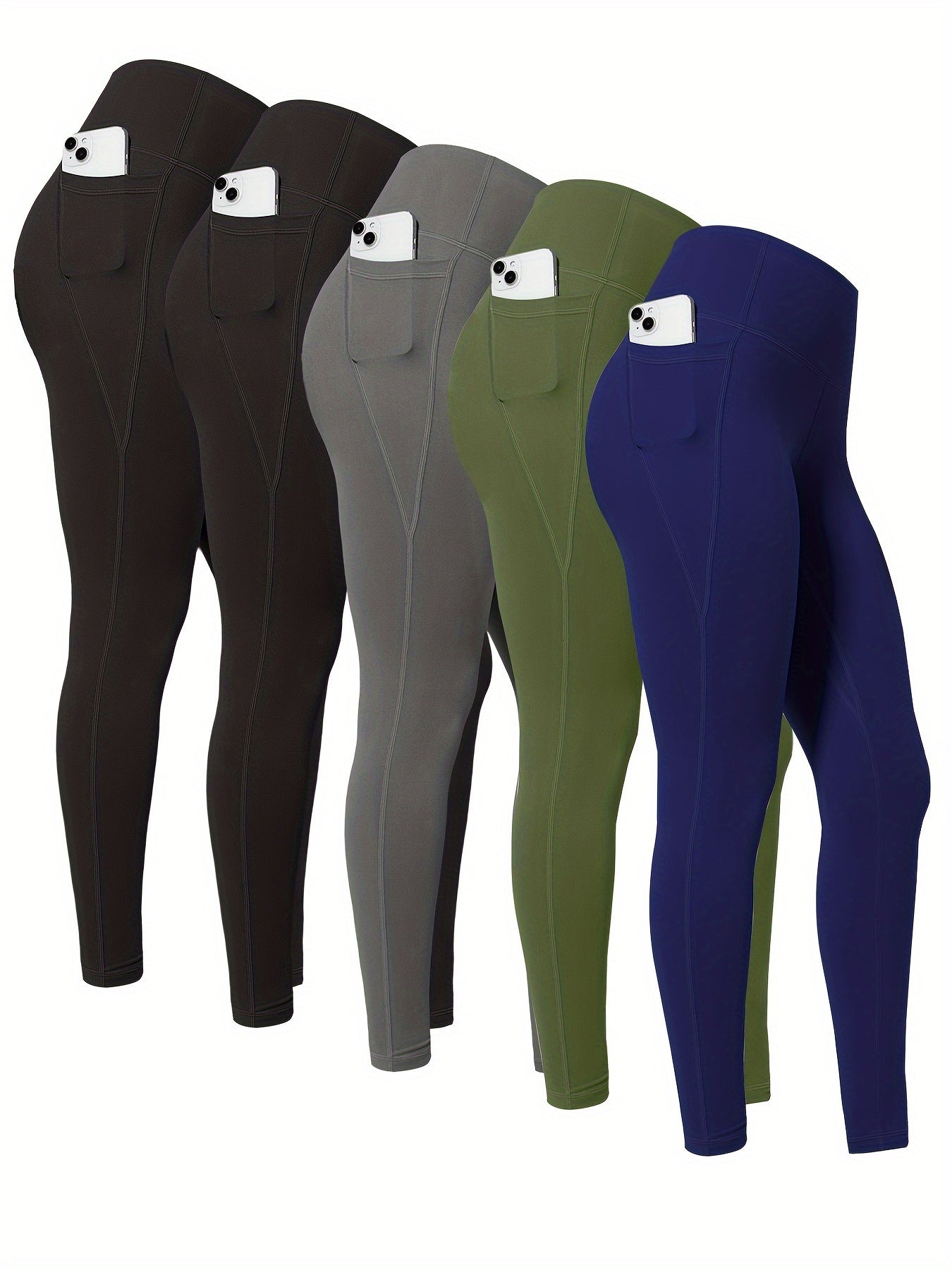 High-Waisted Leggings with Pockets for Women - 5 Pack