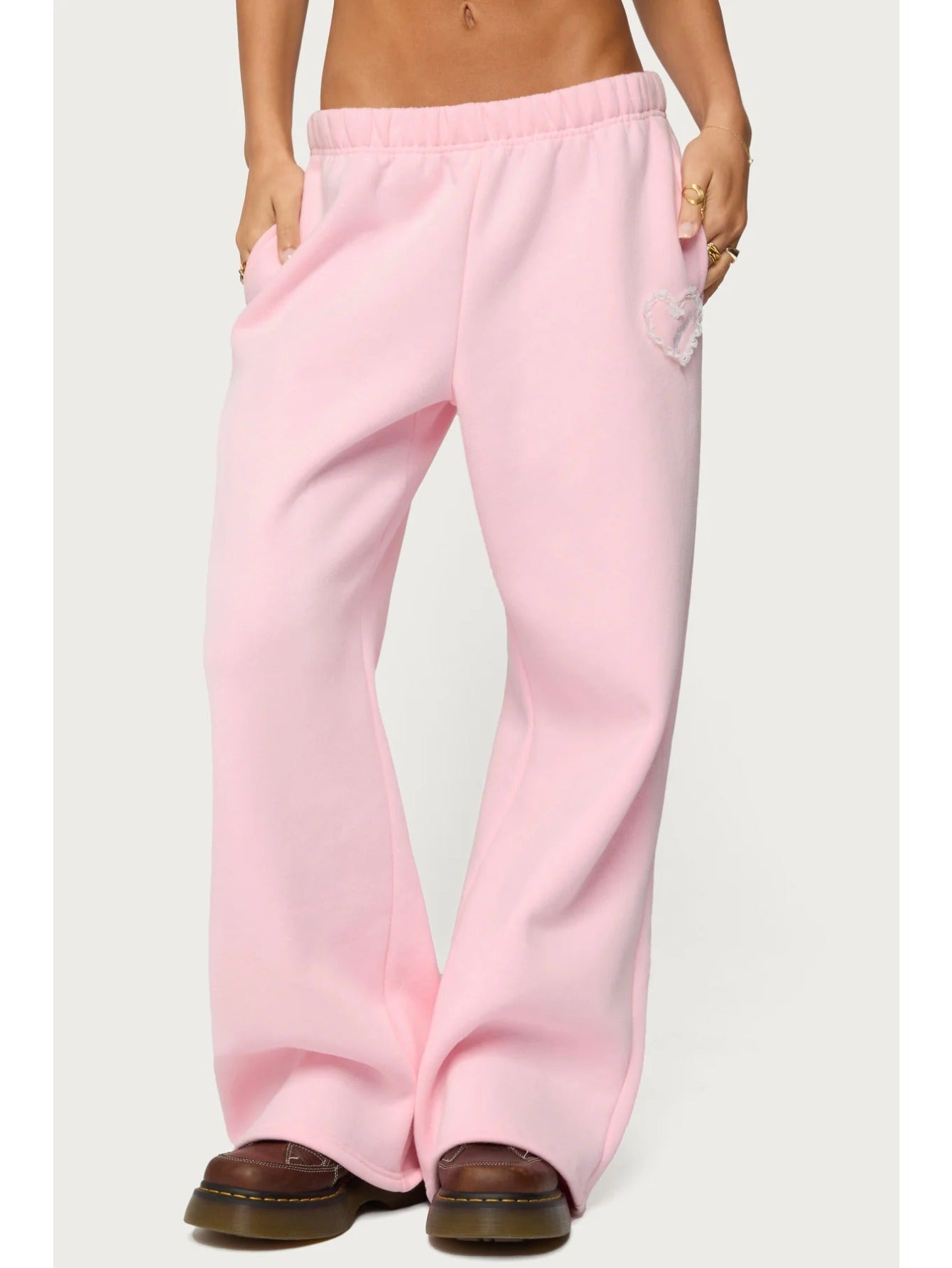 Pink Heart-Print Hoodie + Wide-Leg Pants Set for Women | Sweet Heart Embellishments, Perfect for Everyday Outings and Girly Social Occasions