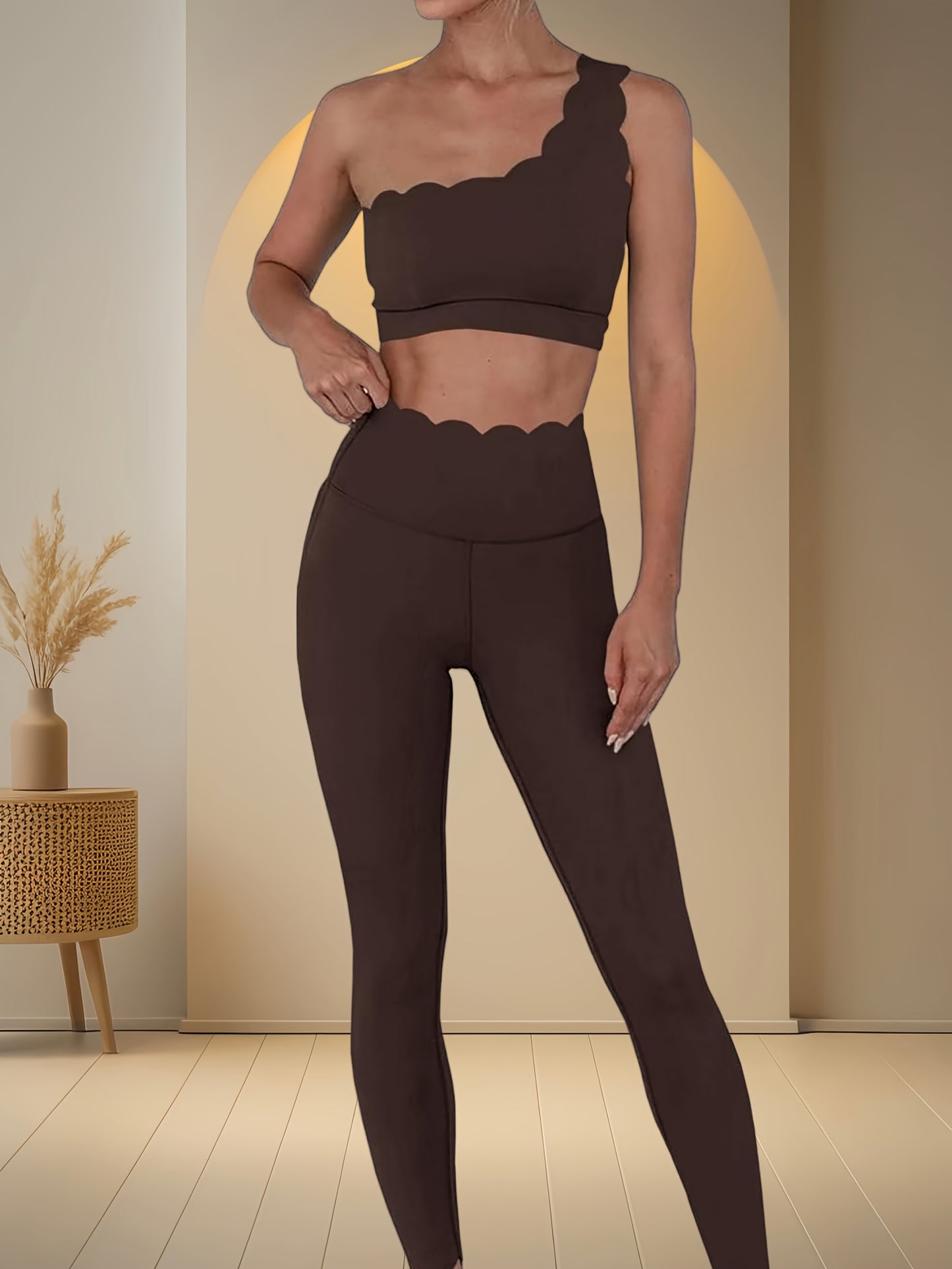 Women Two Piece High Waisted Leggings And Shoulder Bra Set