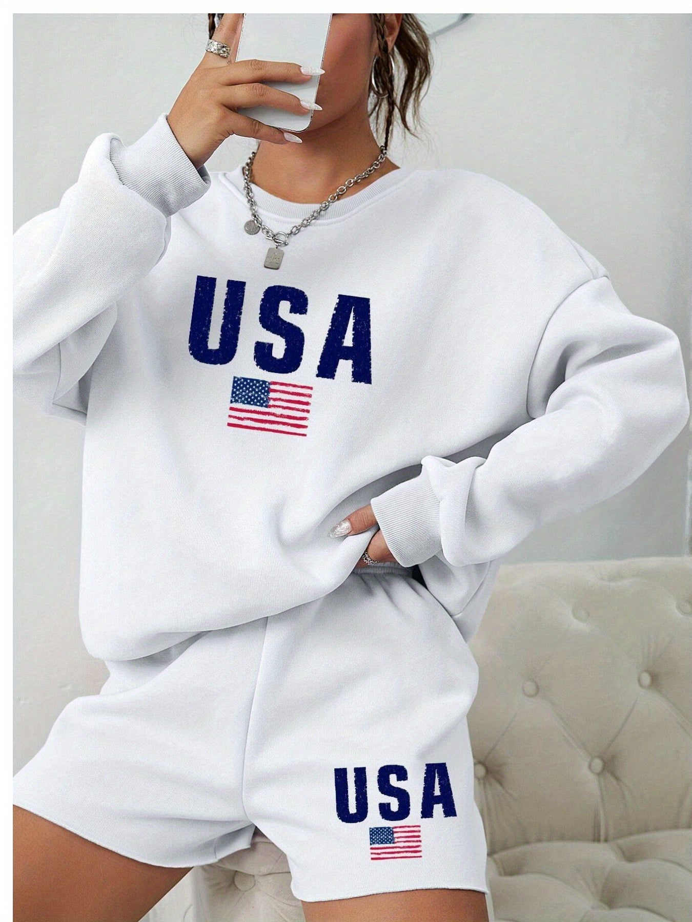 Womens Monogrammed American Flag Sweatshirt Shorts Set USA