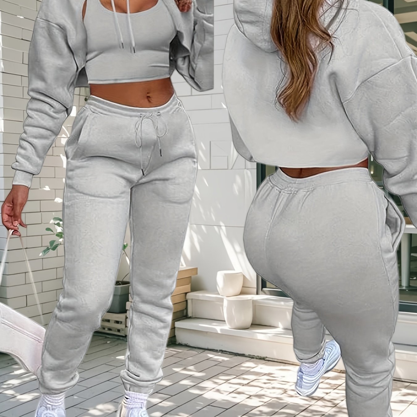 Womens Sexy 3 Piece Tracksuit Set Hoodie Tank Joggers