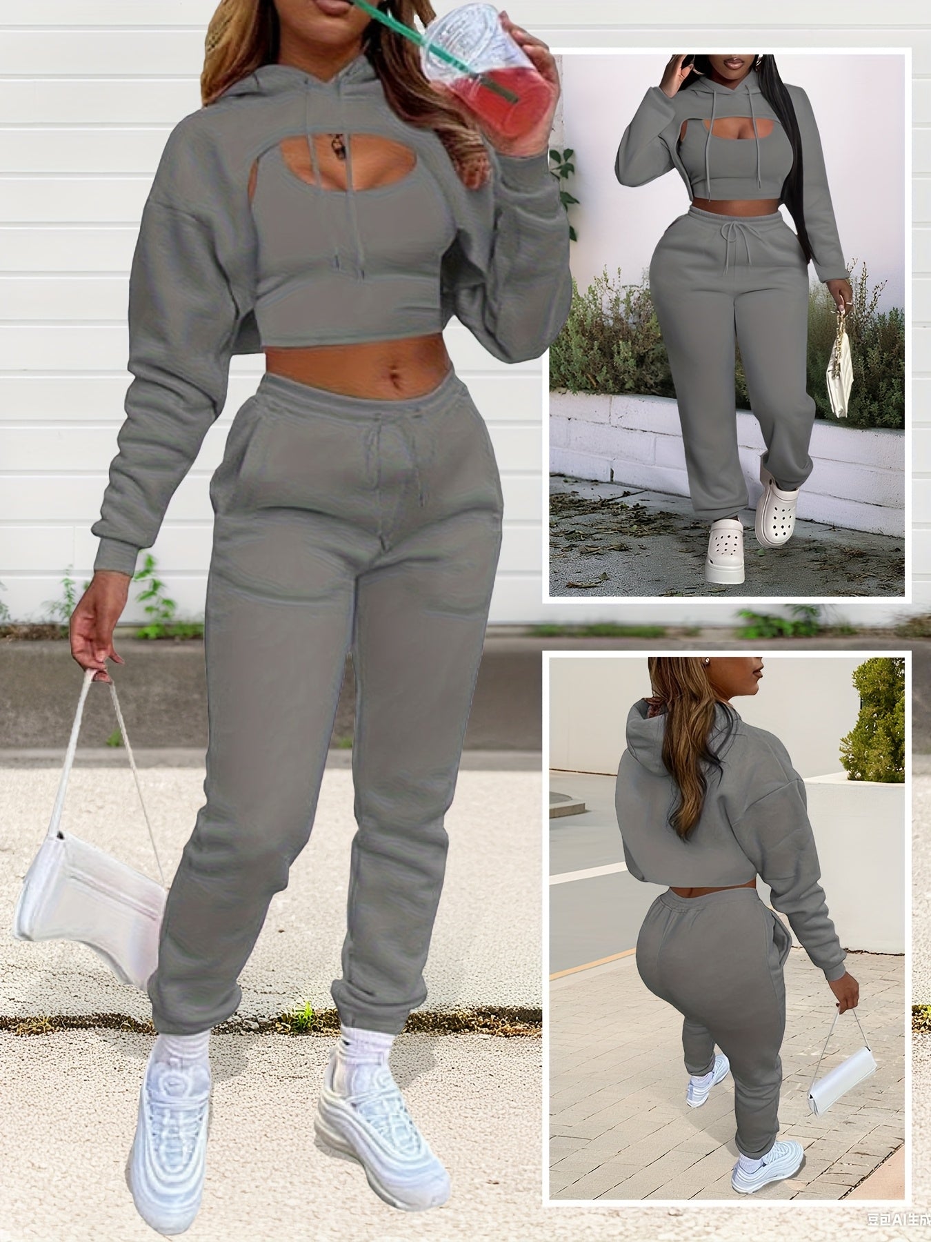 Womens Sexy 3 Piece Tracksuit Set Hoodie Tank Joggers