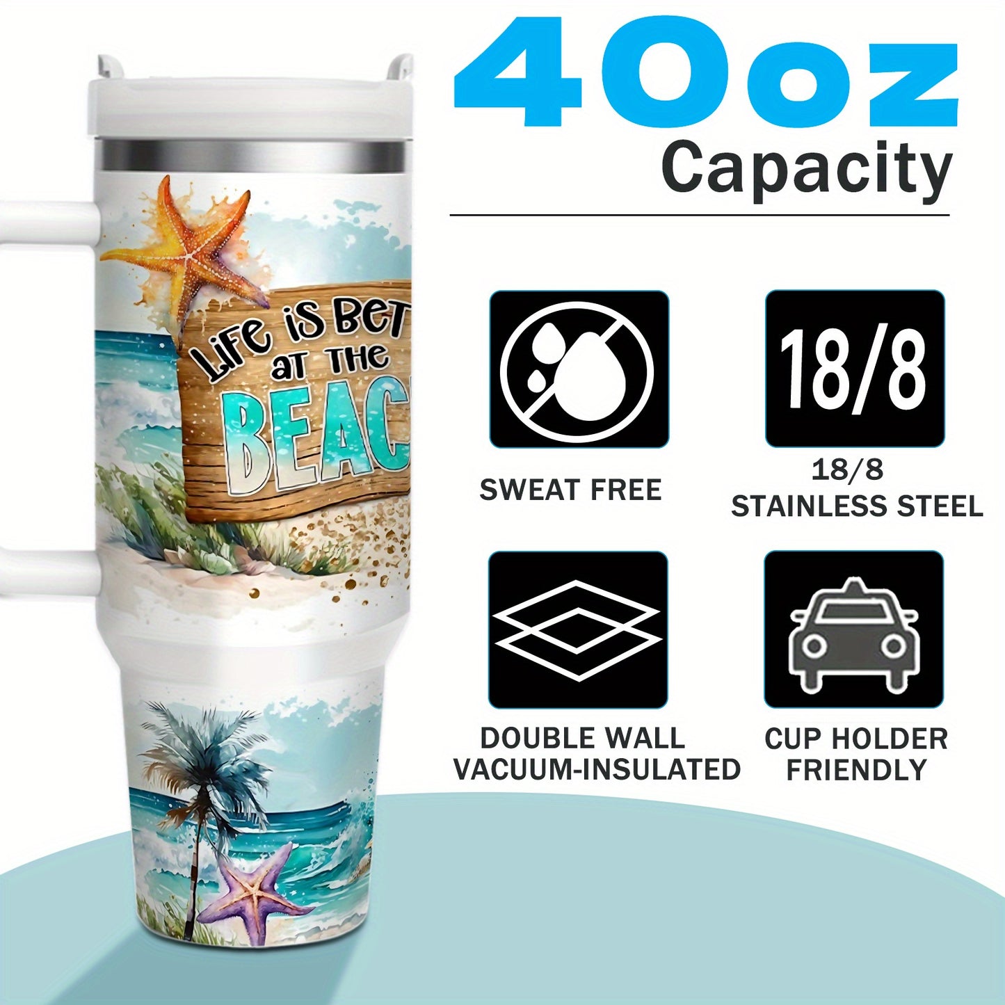 1pc 40oz/16oz Stainless Steel Tumbler with Lid And Straw, Double Wall Vacuum Insulated, Sea Turtle And Starfish Design, Keeps Drinks Hot 12H/Cold 24H, Ideal for Home, Office, Perfect for Christmas, Thanksgiving, Valentine's D