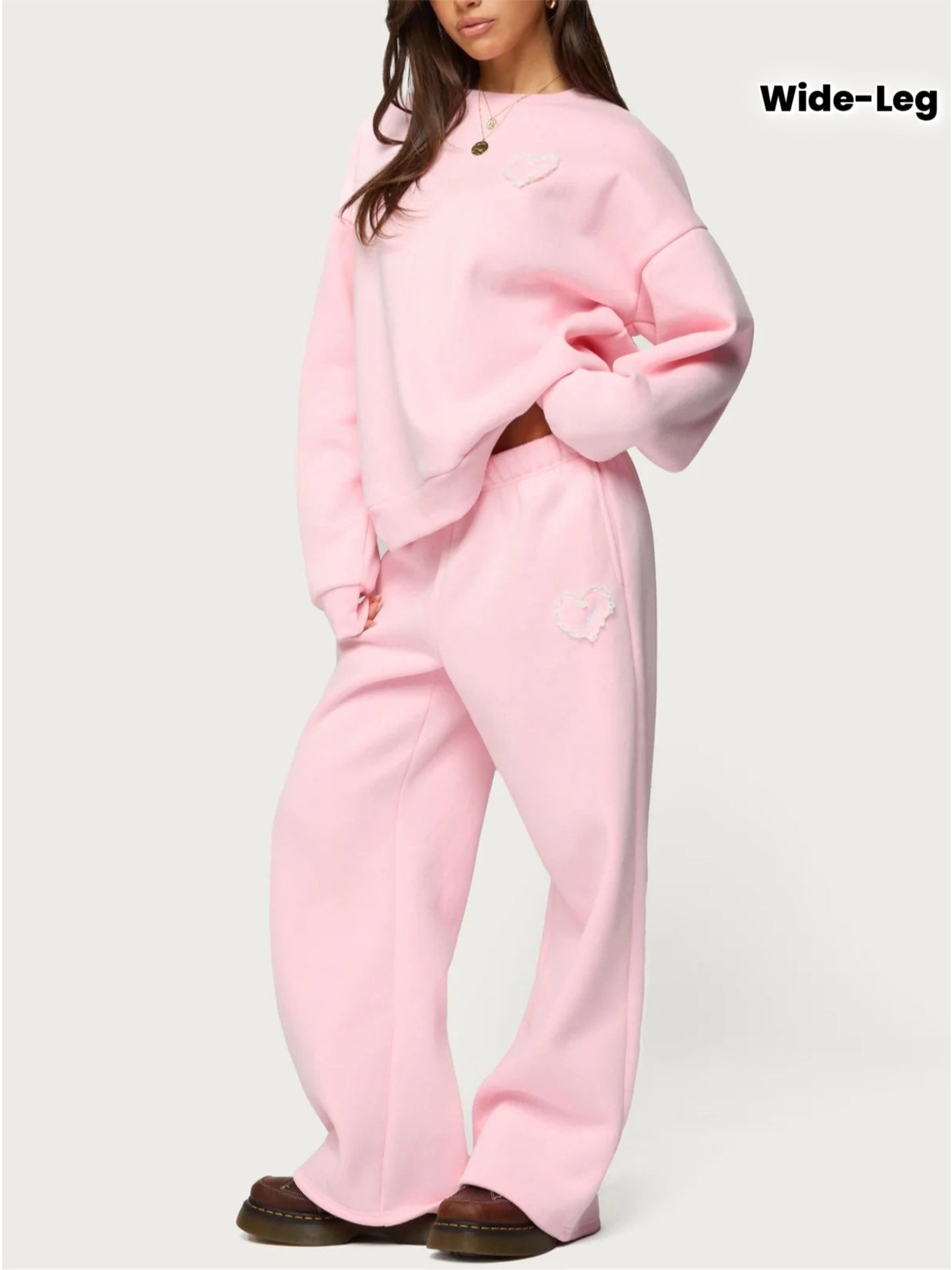 Pink Heart-Print Hoodie + Wide-Leg Pants Set for Women | Sweet Heart Embellishments, Perfect for Everyday Outings and Girly Social Occasions