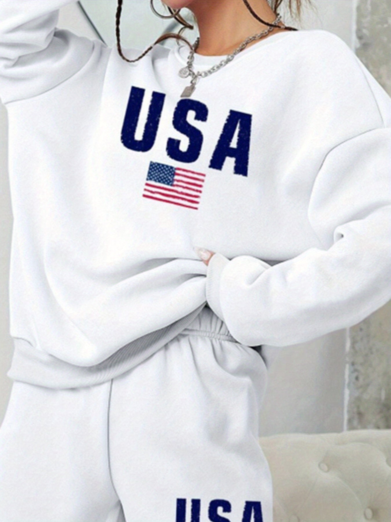 Womens Monogrammed American Flag Sweatshirt Shorts Set USA