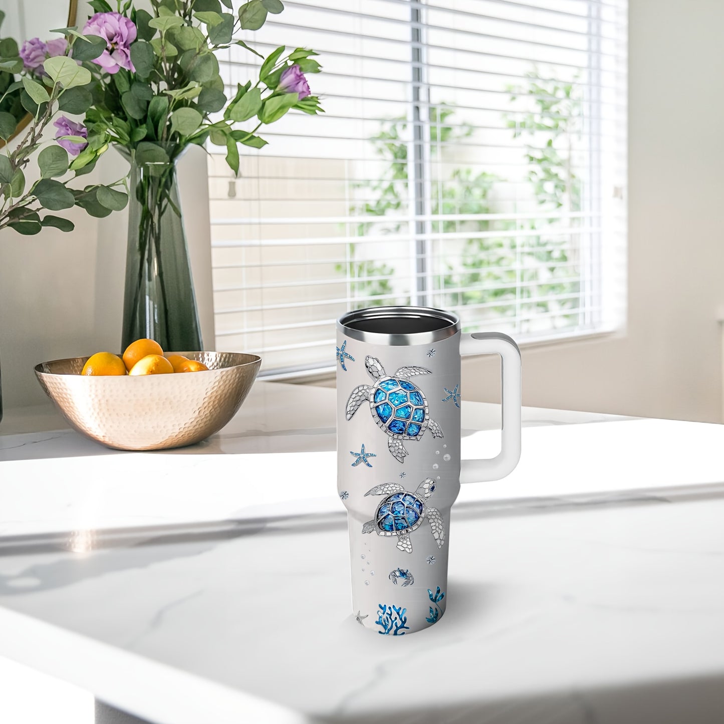 1pc Turtle Mug, Gift for Women with Turtles, Jewelry Turtle Gifts, Turtle Enthusiast Gifts, Turtle Coffee Mug, Turtle Stainless Steel Cup 40oz, with Handle and Lid, Sports Cup with Turtle Pattern, Outdoor Travel Cup