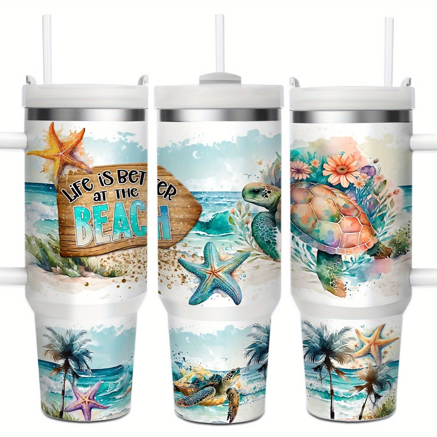 1pc 40oz/16oz Stainless Steel Tumbler with Lid And Straw, Double Wall Vacuum Insulated, Sea Turtle And Starfish Design, Keeps Drinks Hot 12H/Cold 24H, Ideal for Home, Office, Perfect for Christmas, Thanksgiving, Valentine's D
