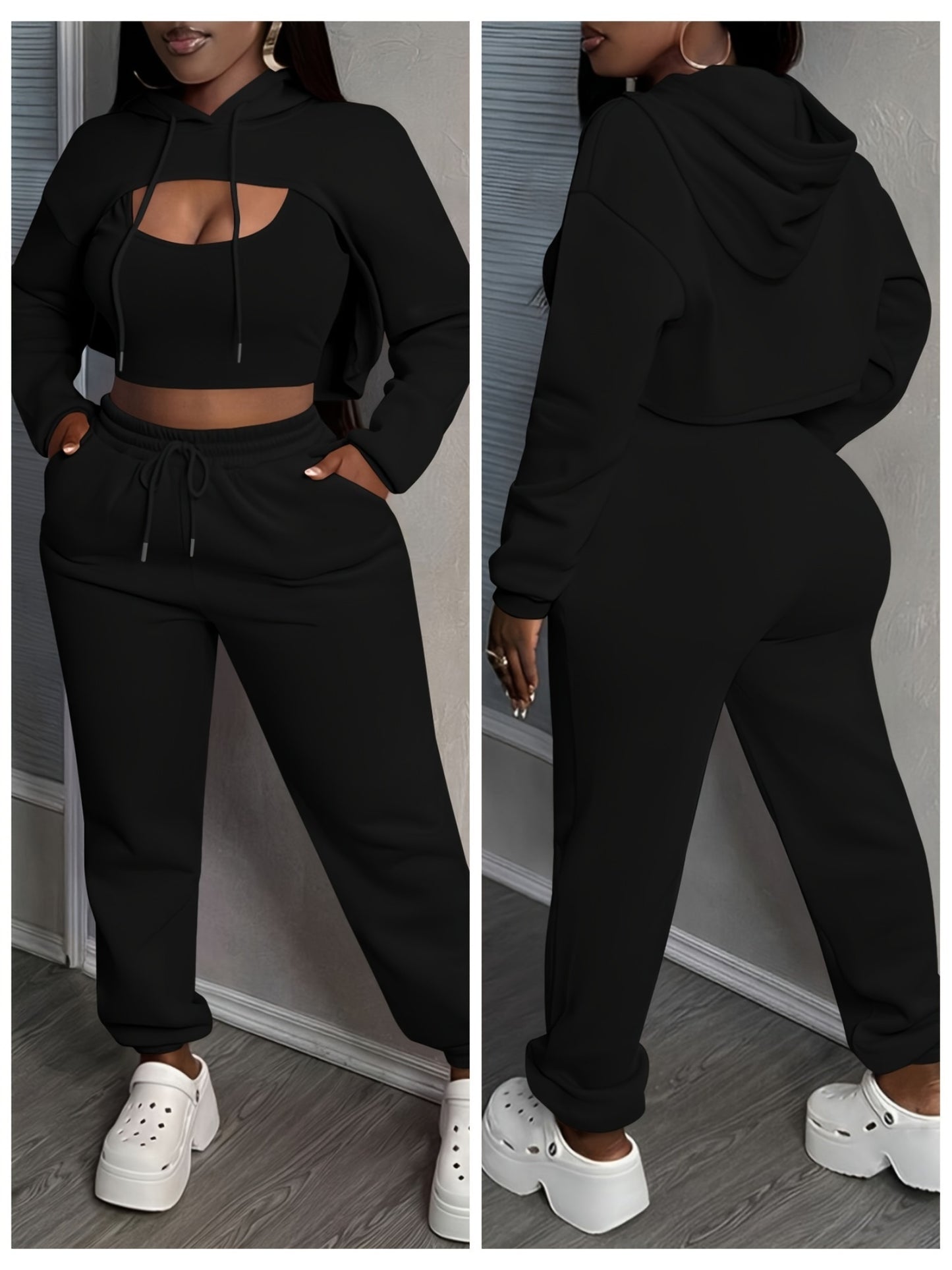 Womens Sexy 3 Piece Tracksuit Set Hoodie Tank Joggers